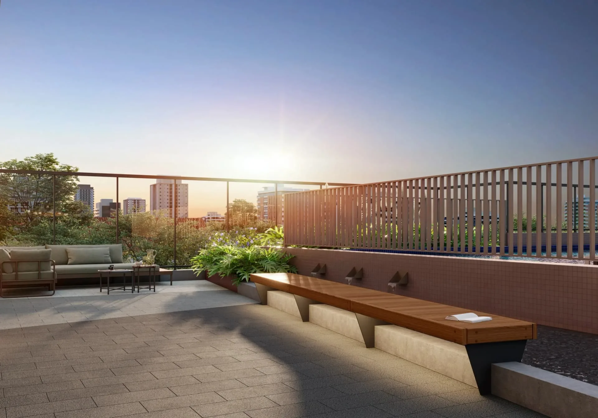 LED Vila Madalena, estar com espelho d'água ao pôr do sol, curadoria iApartamentos, Vila Madalena