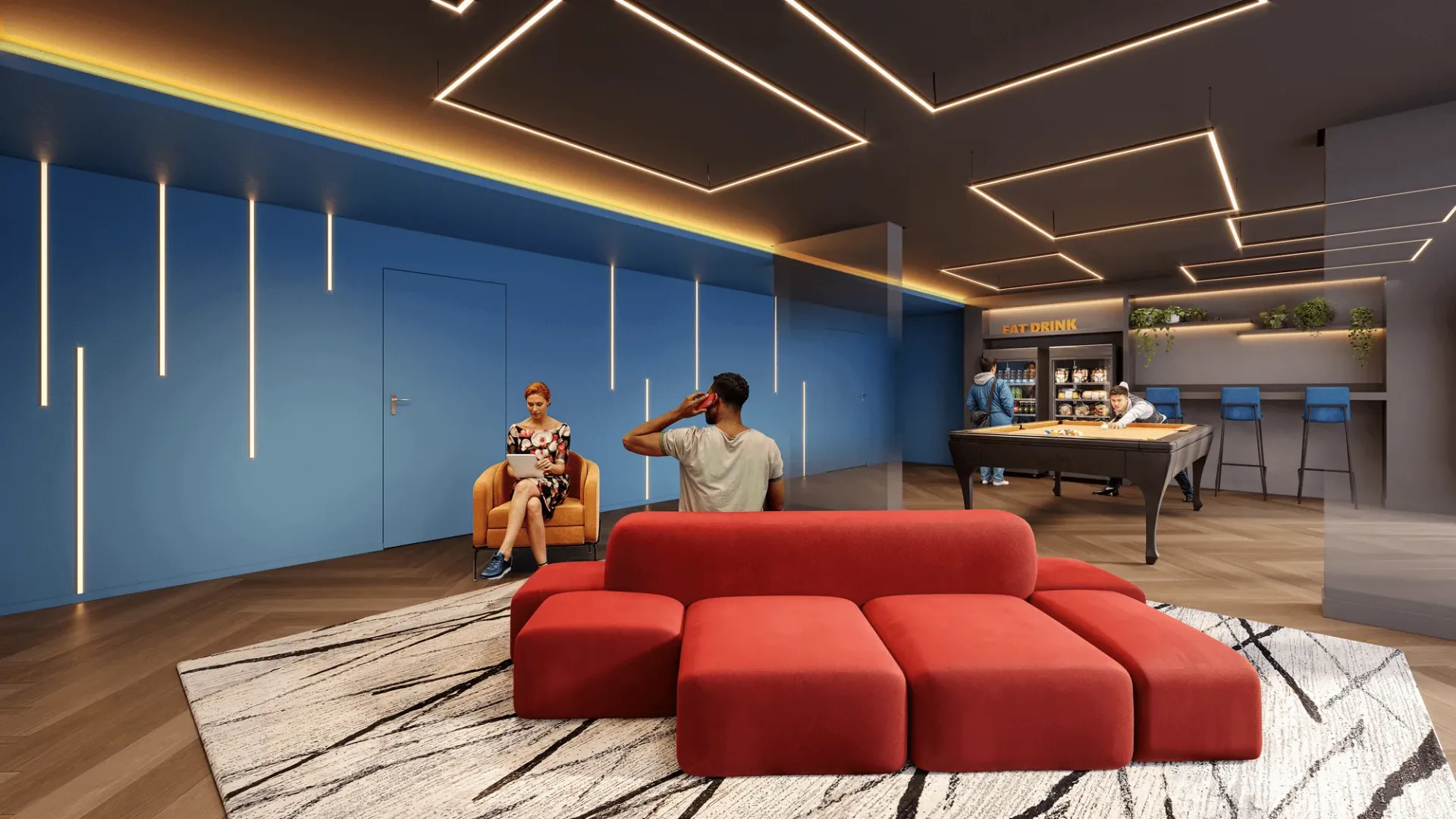 Living Full Berrini, lounge bar com mesa de sinuca, curadoria iApartamentos, Brooklin