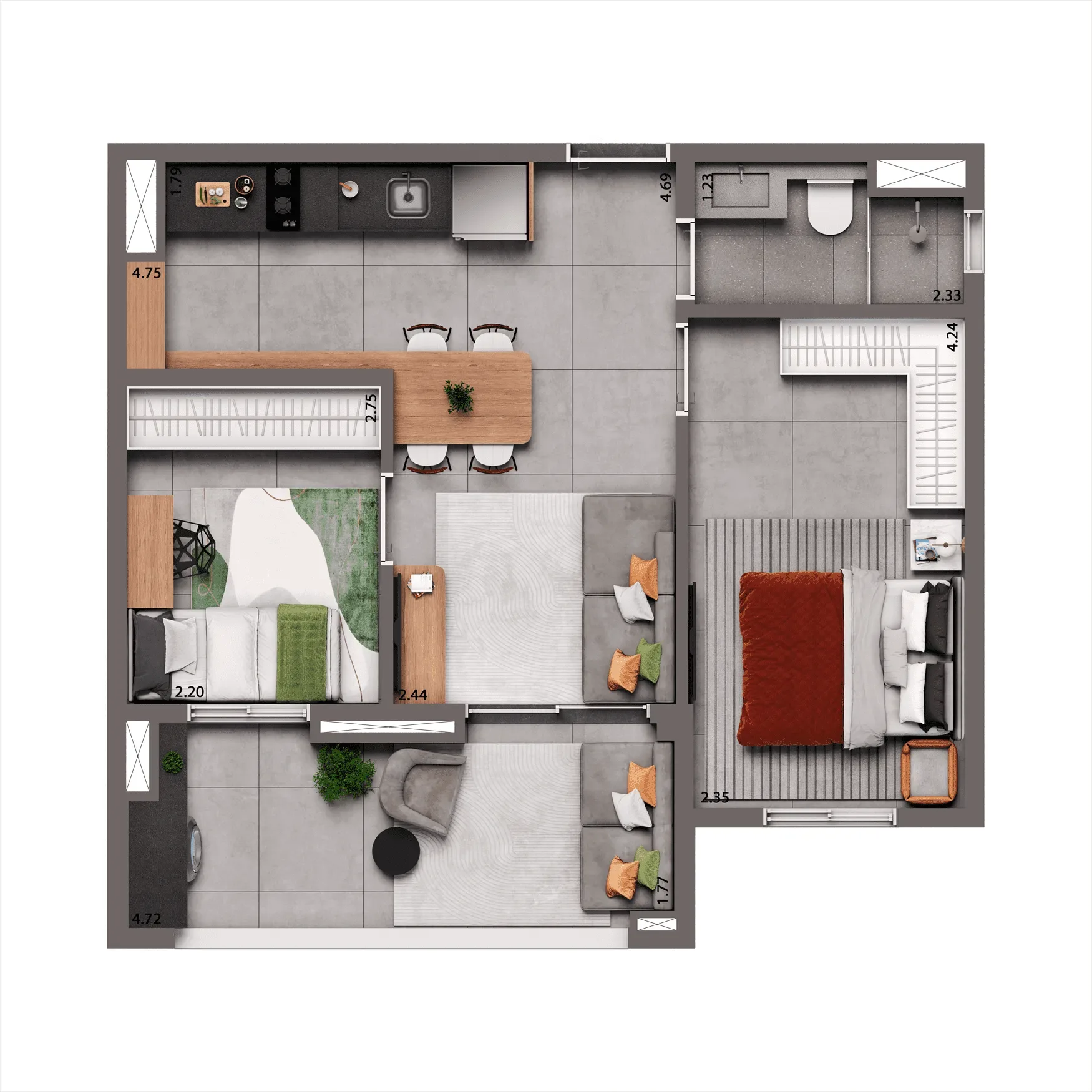 Living Full Berrini, planta tipo de 49 m² com 2 dormitórios, curadoria iApartamentos, Brooklin