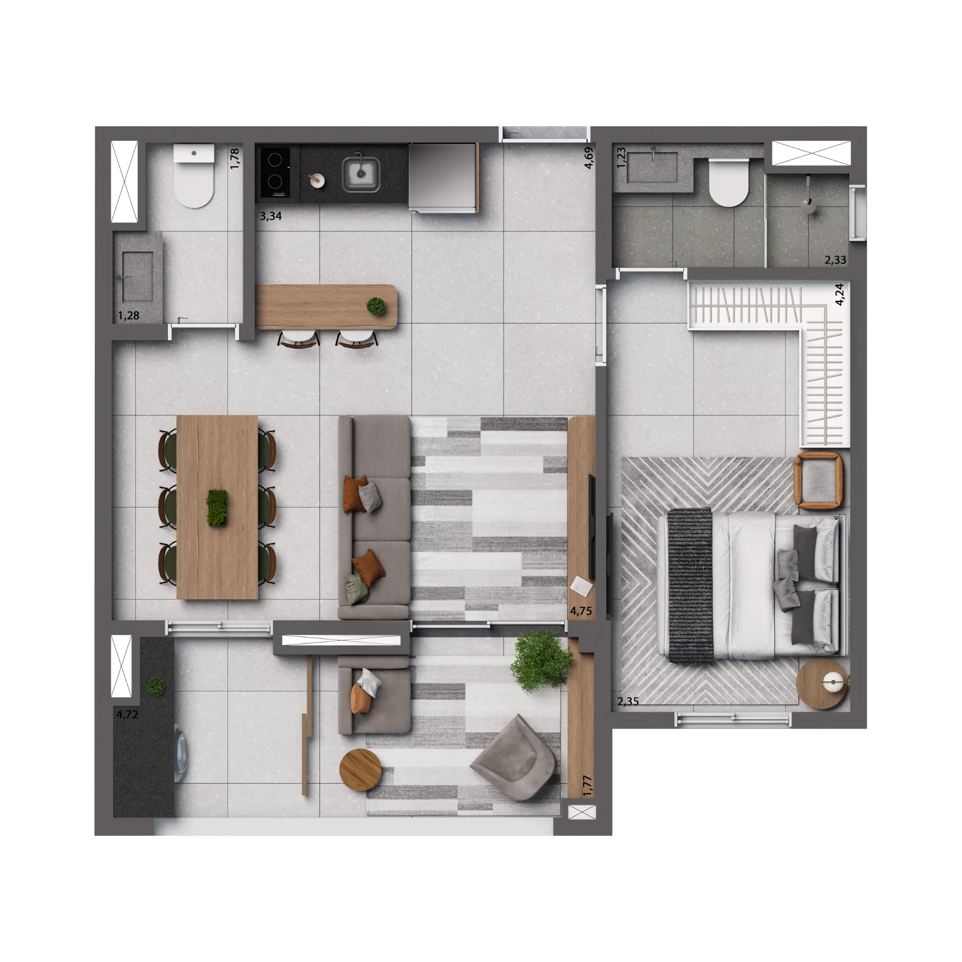 Living Full Berrini, planta opção de 49 m² com 1 suíte, curadoria iApartamentos, Brooklin