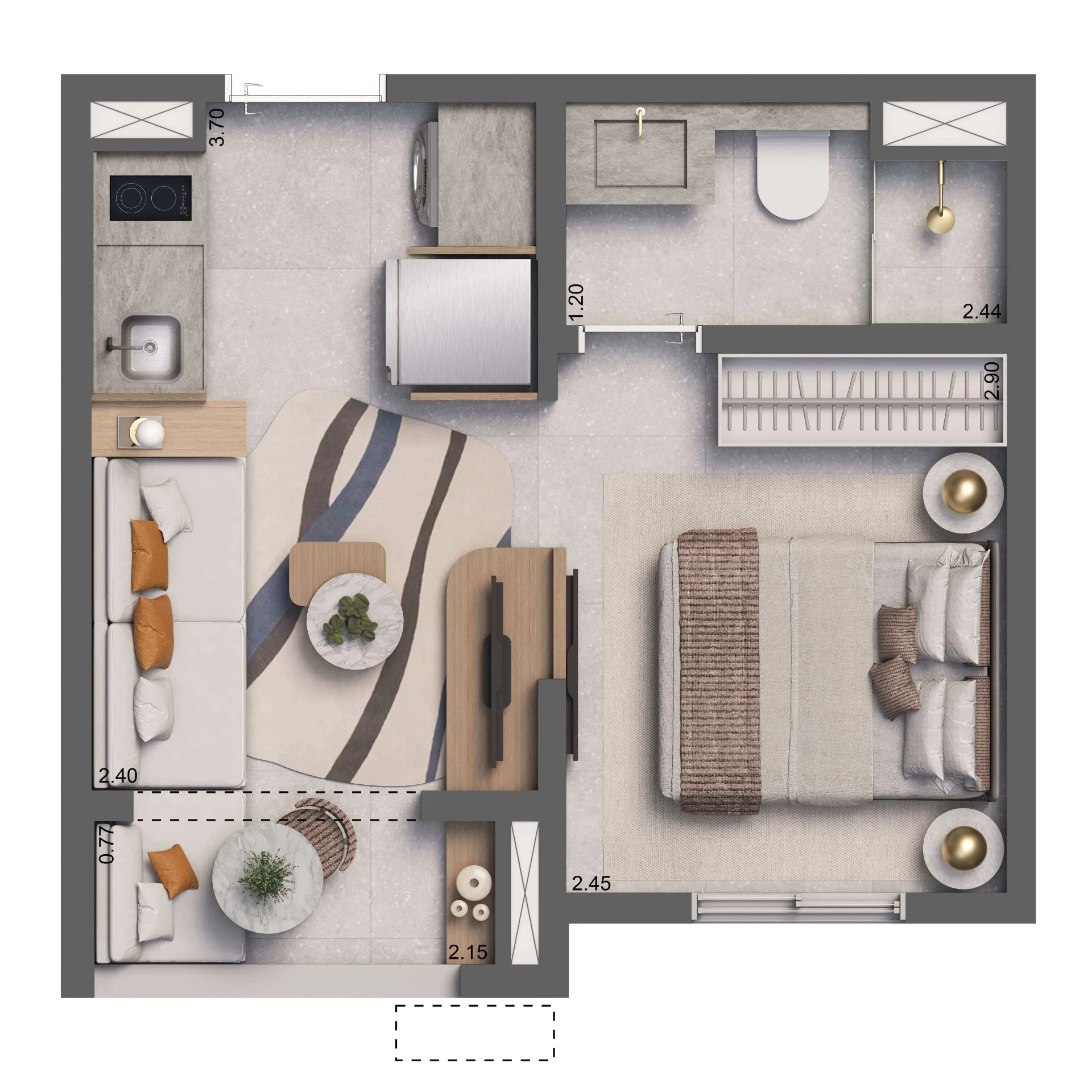 Living Full Eldorado, planta padrão ampliada de 24 m² com terraço, curadoria iApartamentos, Pinheiros