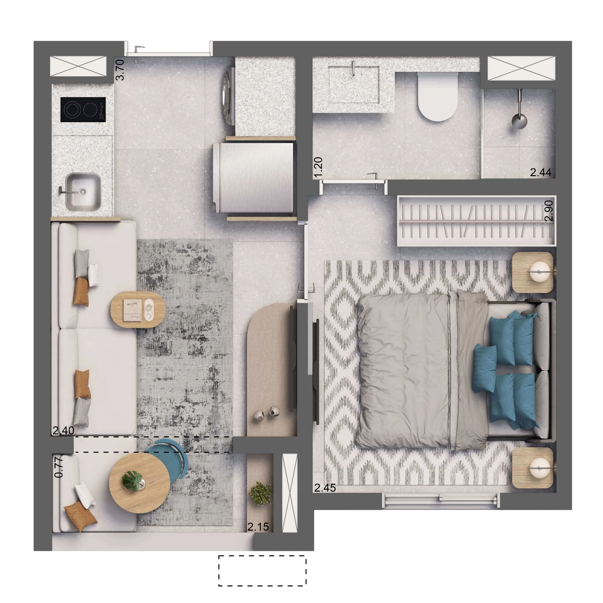 Living Full Eldorado, planta opção de 24 m² com 1 dormitório e terraço, curadoria iApartamentos, Pinheiros