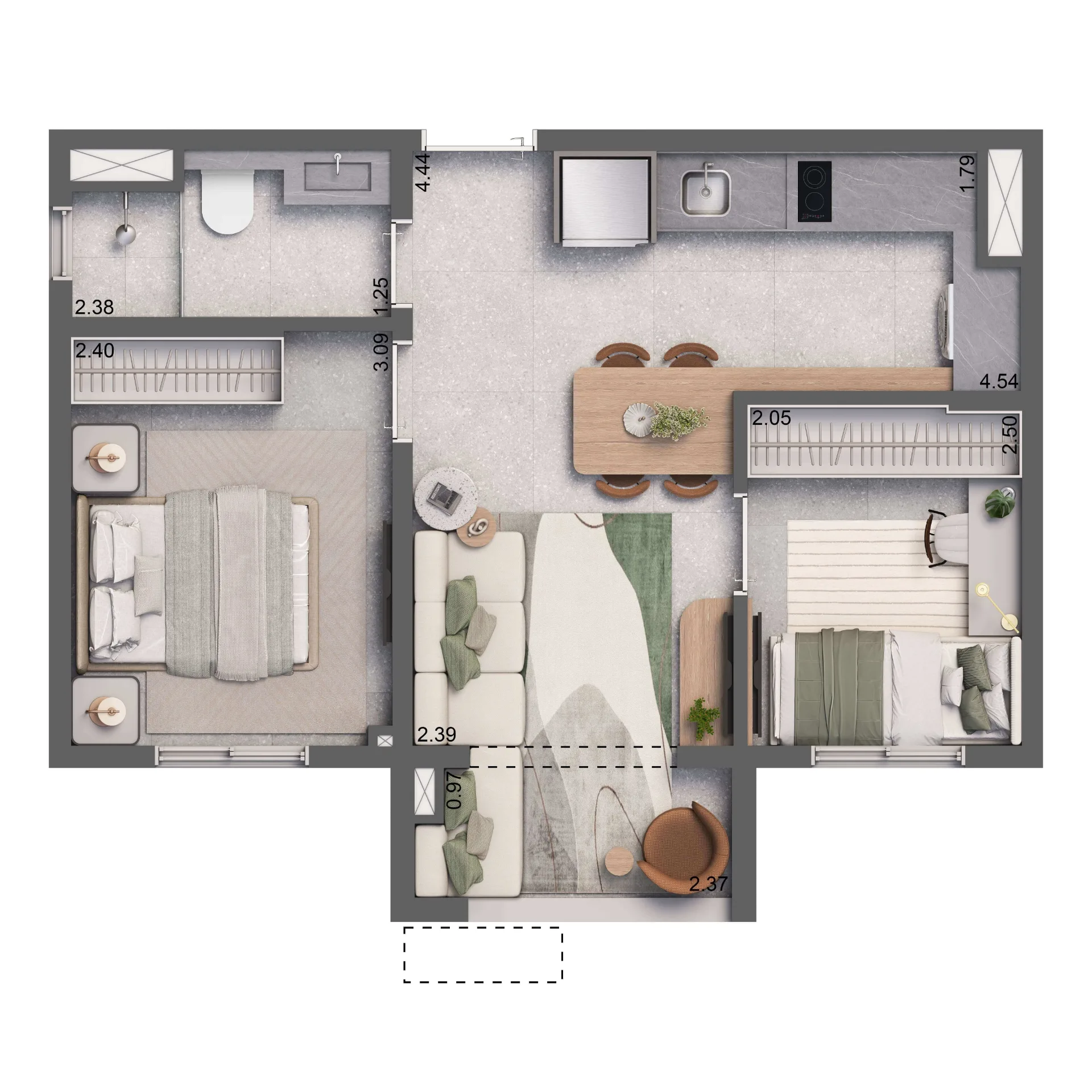Living Full Eldorado, planta de 37 m² com 2 dormitórios e terraço, curadoria iApartamentos, Pinheiros