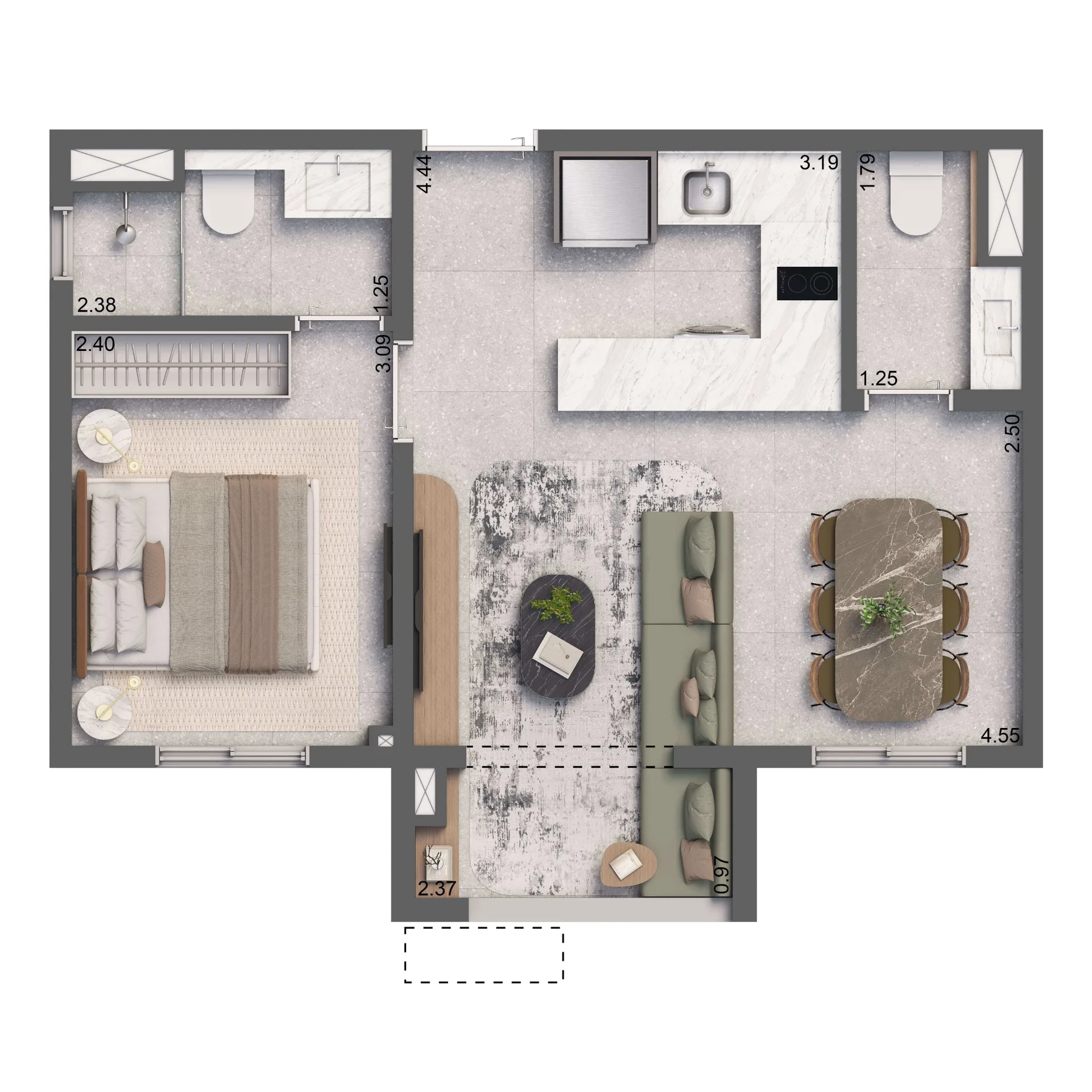 Living Full Eldorado, planta opção de 37 m² com 1 suíte e terraço, curadoria iApartamentos, Pinheiros
