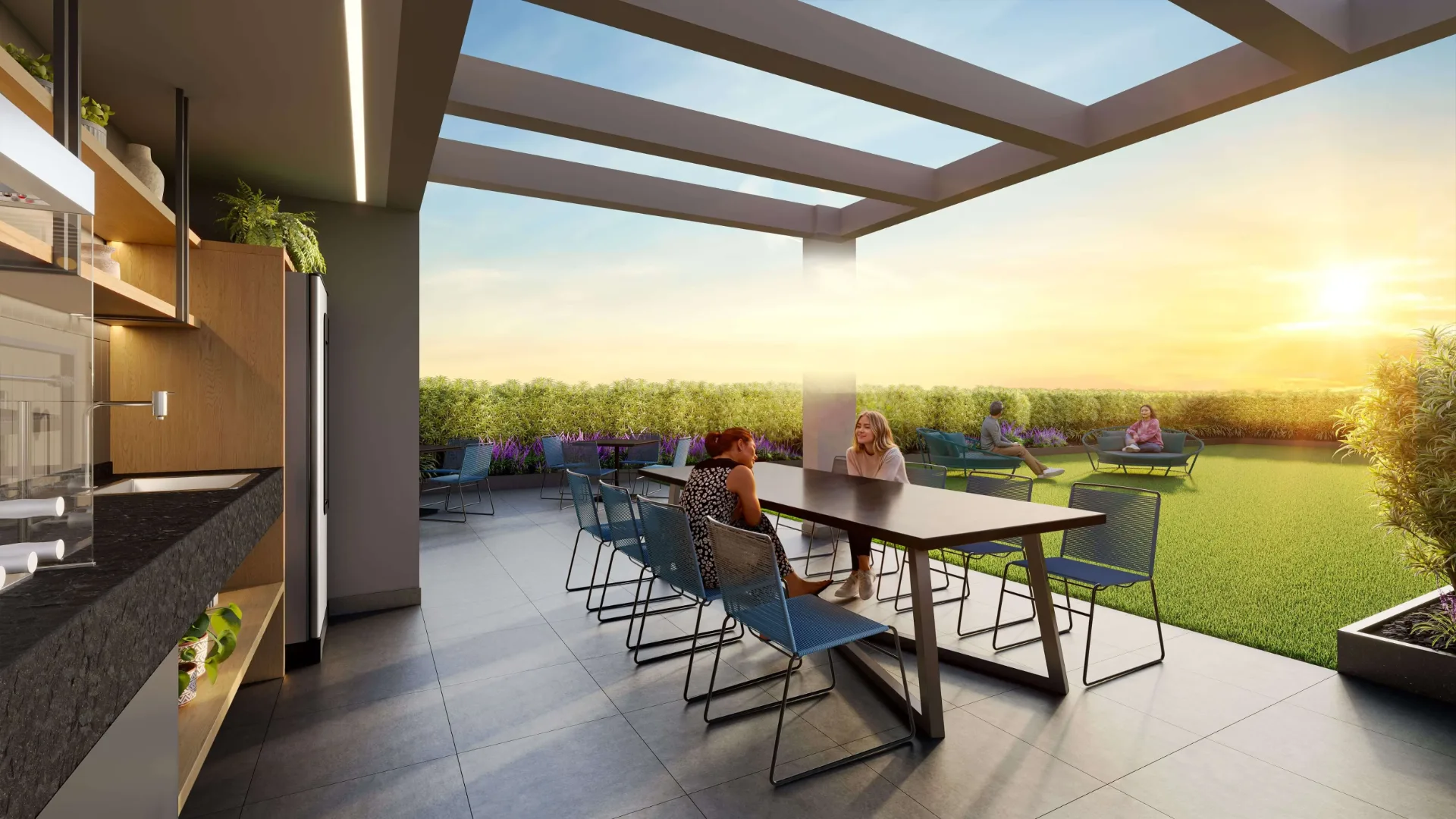 Living Full Estaiada, sky garden com mesas no rooftop, curadoria iApartamentos, Brooklin