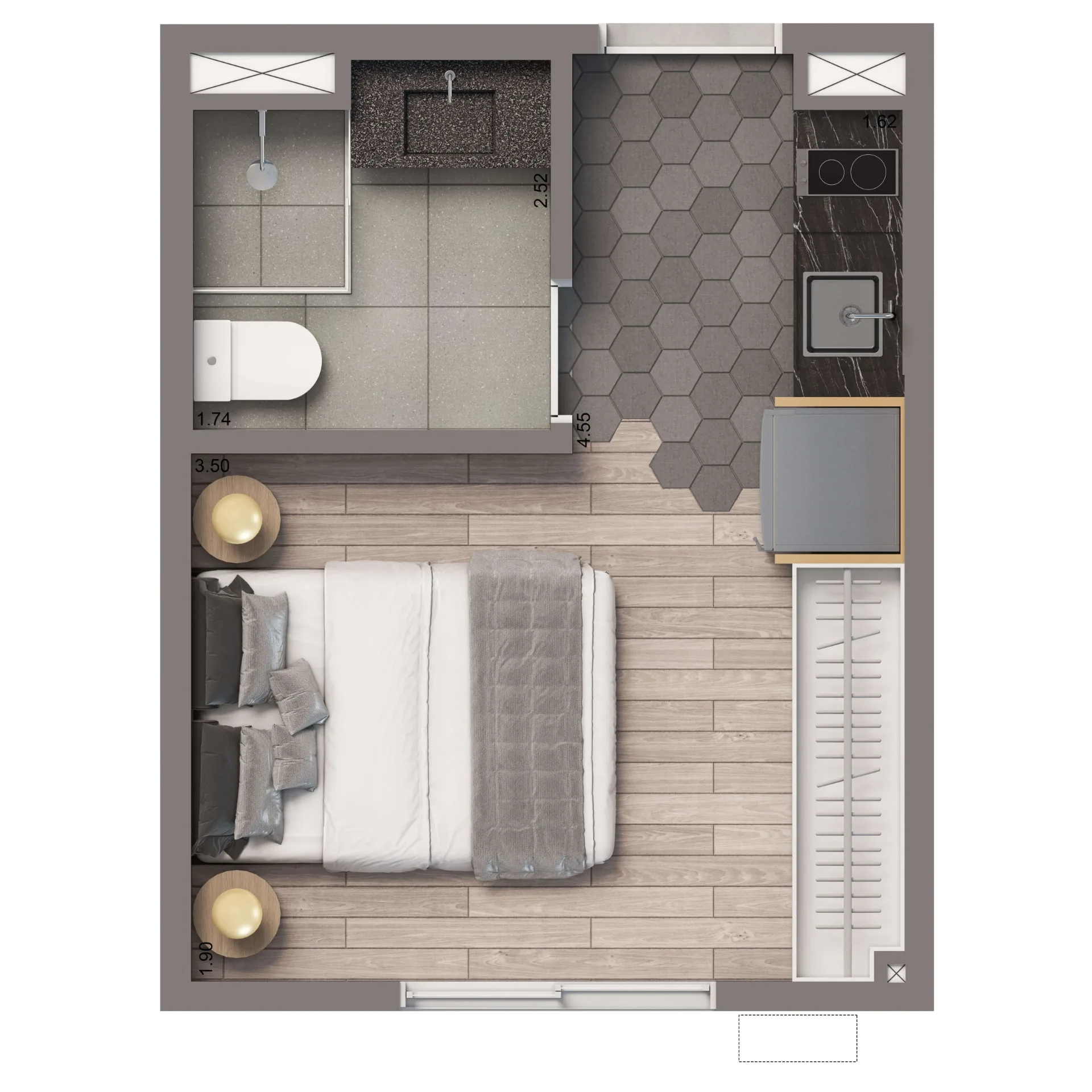 Living Full Estaiada, planta padrão de 17 m² studio, curadoria iApartamentos, Brooklin