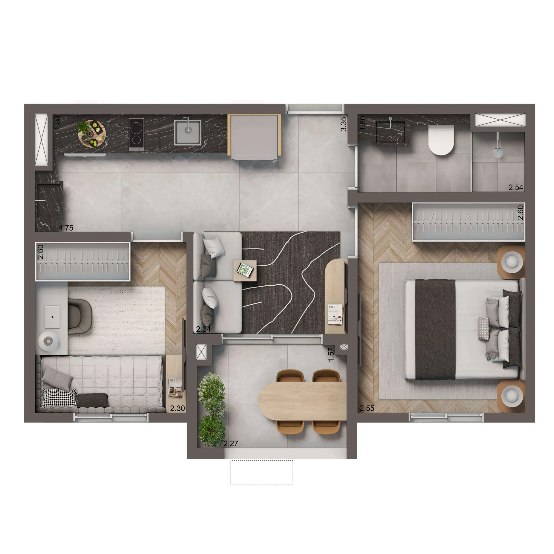 Living Full Estaiada, planta padrão de 38 m² com 2 dormitórios, curadoria iApartamentos, Brooklin
