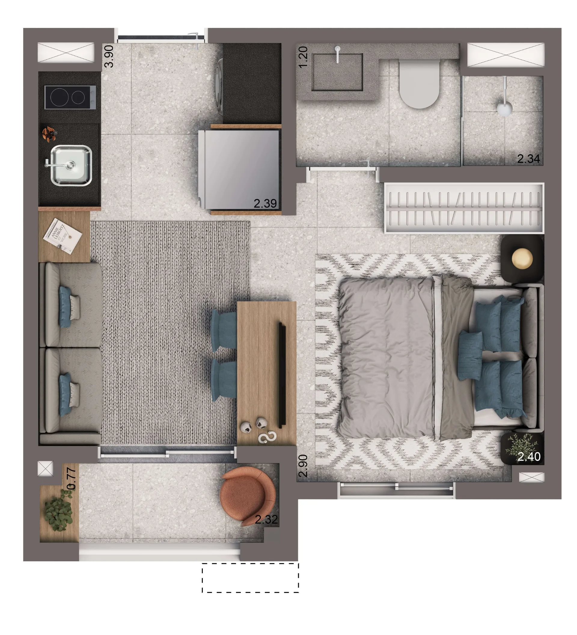 Living Full Paulista, planta padrão ampliada de 24 m² studio, curadoria iApartamentos, Aclimação