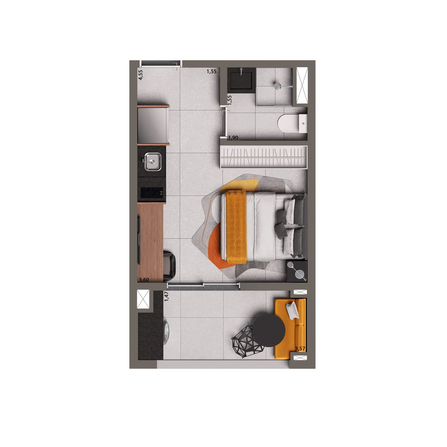 Living Full Pinheiros, planta opção de 24 m² studio, curadoria iApartamentos, Pinheiros