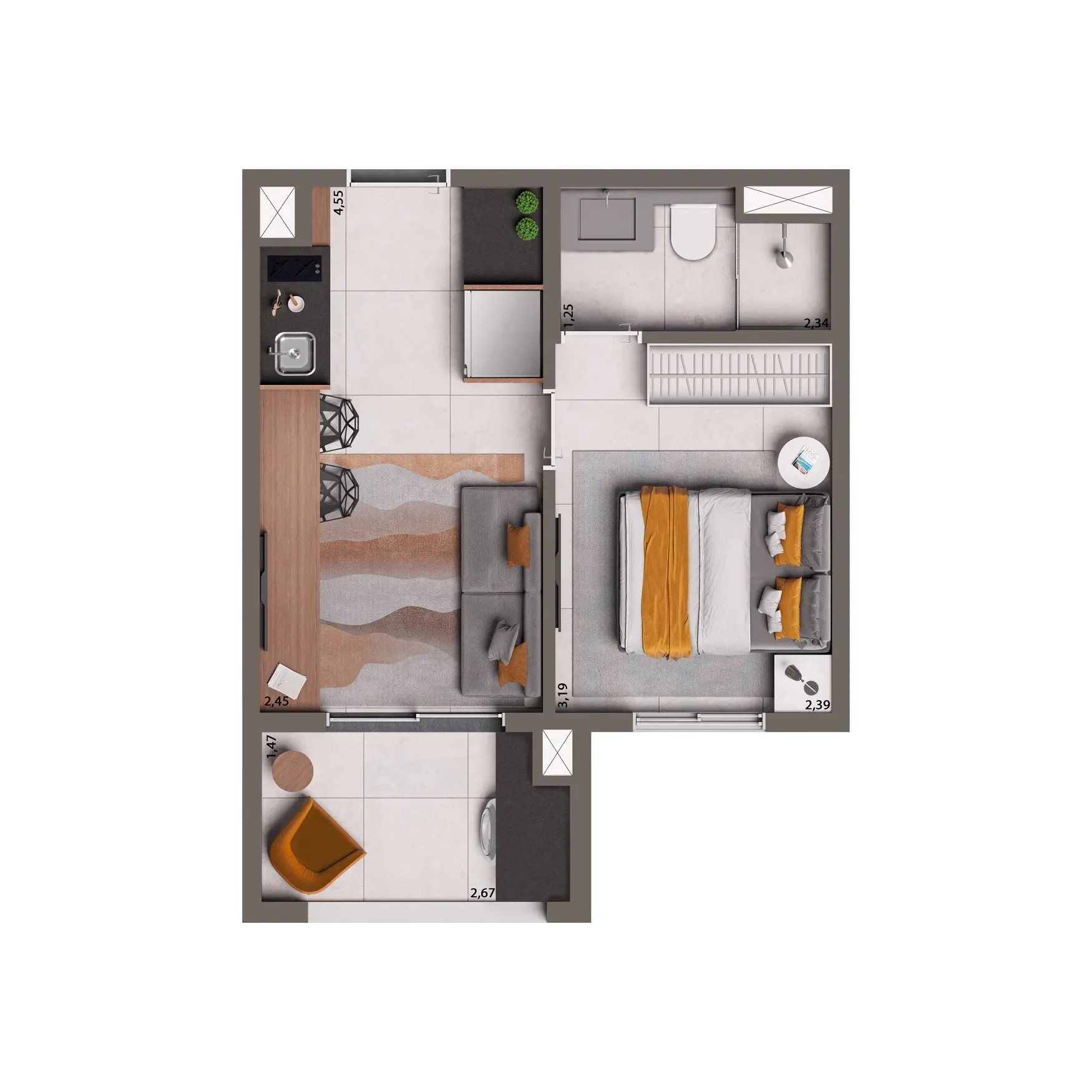 Living Full Pinheiros, planta tipo de 29 m² com 1 dormitório, curadoria iApartamentos, Pinheiros