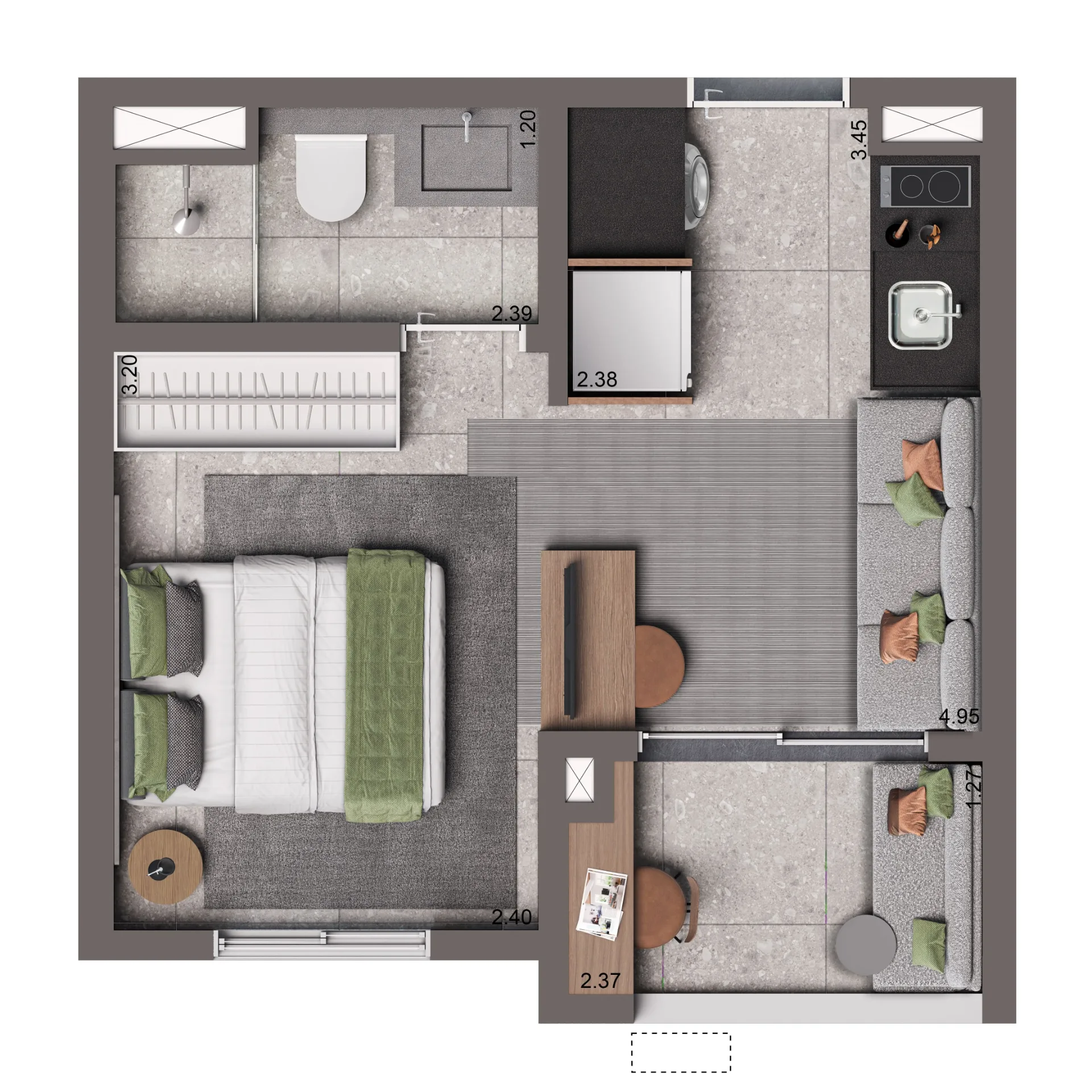 Living Full Vila Olímpia, planta padrão ampliada de 25 m², curadoria iApartamentos, Vila Olímpia