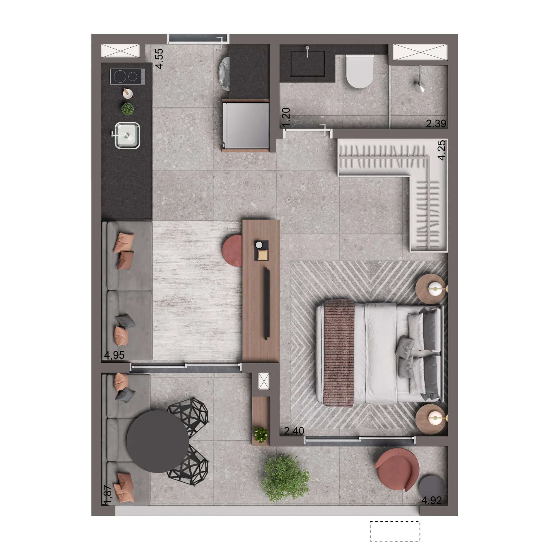 Living Full Vila Olímpia, planta padrão ampliada de 36 m², curadoria iApartamentos, Vila Olímpia