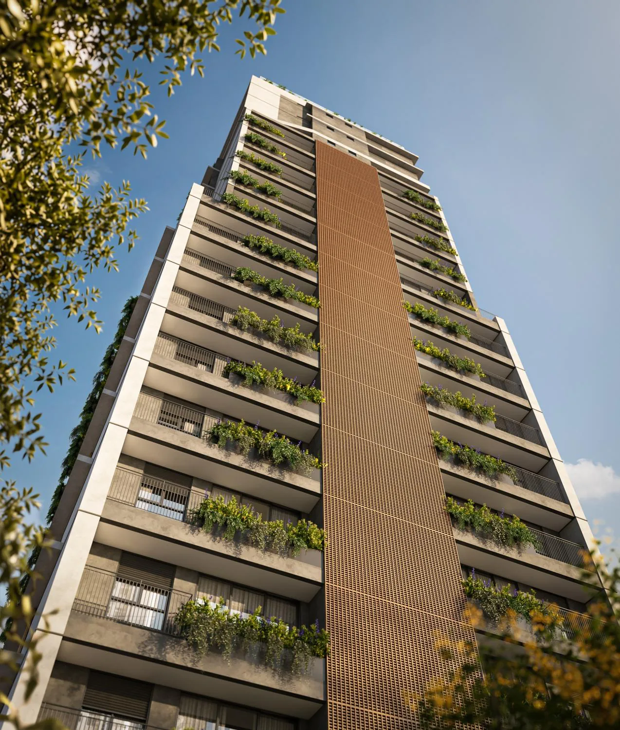 Nex One Galeria Jardins, perspectiva vertical da fachada com brises de madeira e jardineiras, curadoria iApartamentos, Jardins