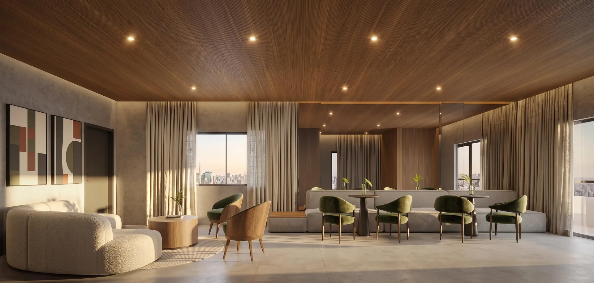 Nex One Galeria Jardins, gourmet lounge no rooftop com mesa coletiva e estar integrado, curadoria iApartamentos, Jardins