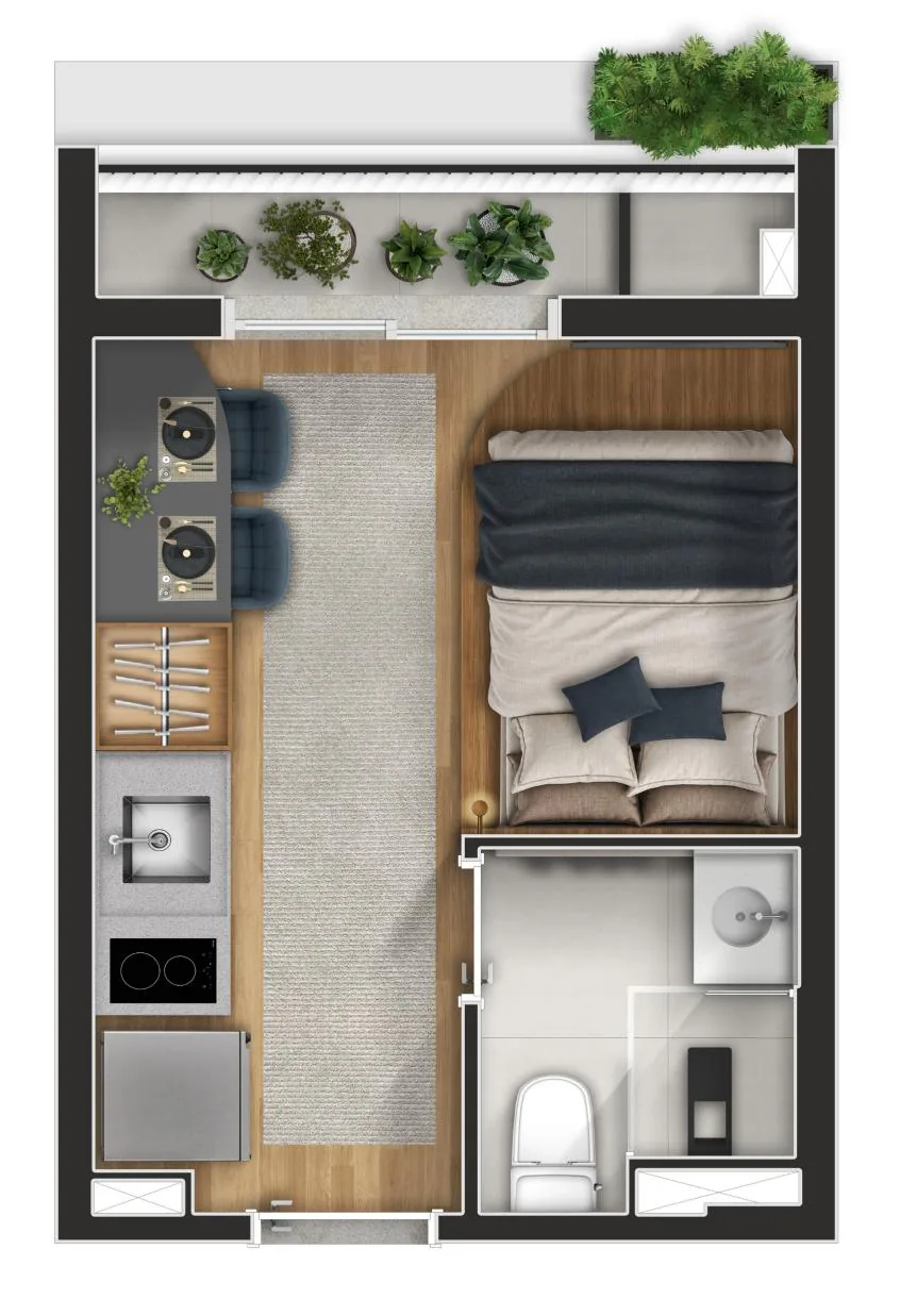 Nex One Galeria Jardins, planta do studio de 18 m², final 22, 19º e 20º pavimentos, curadoria iApartamentos, Jardins