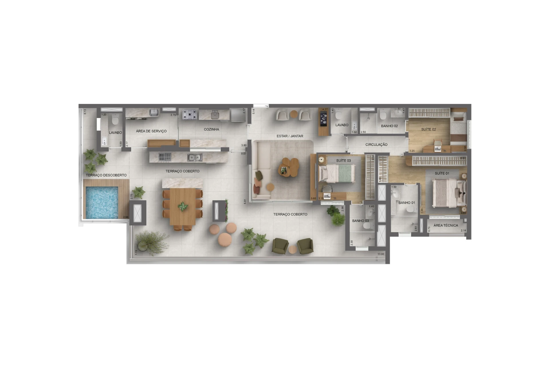 Platinum Tatuapé By Diálogo, planta da penthouse de 172 m² com terraço coberto e terraço descoberto, curadoria iApartamentos, Tatuapé