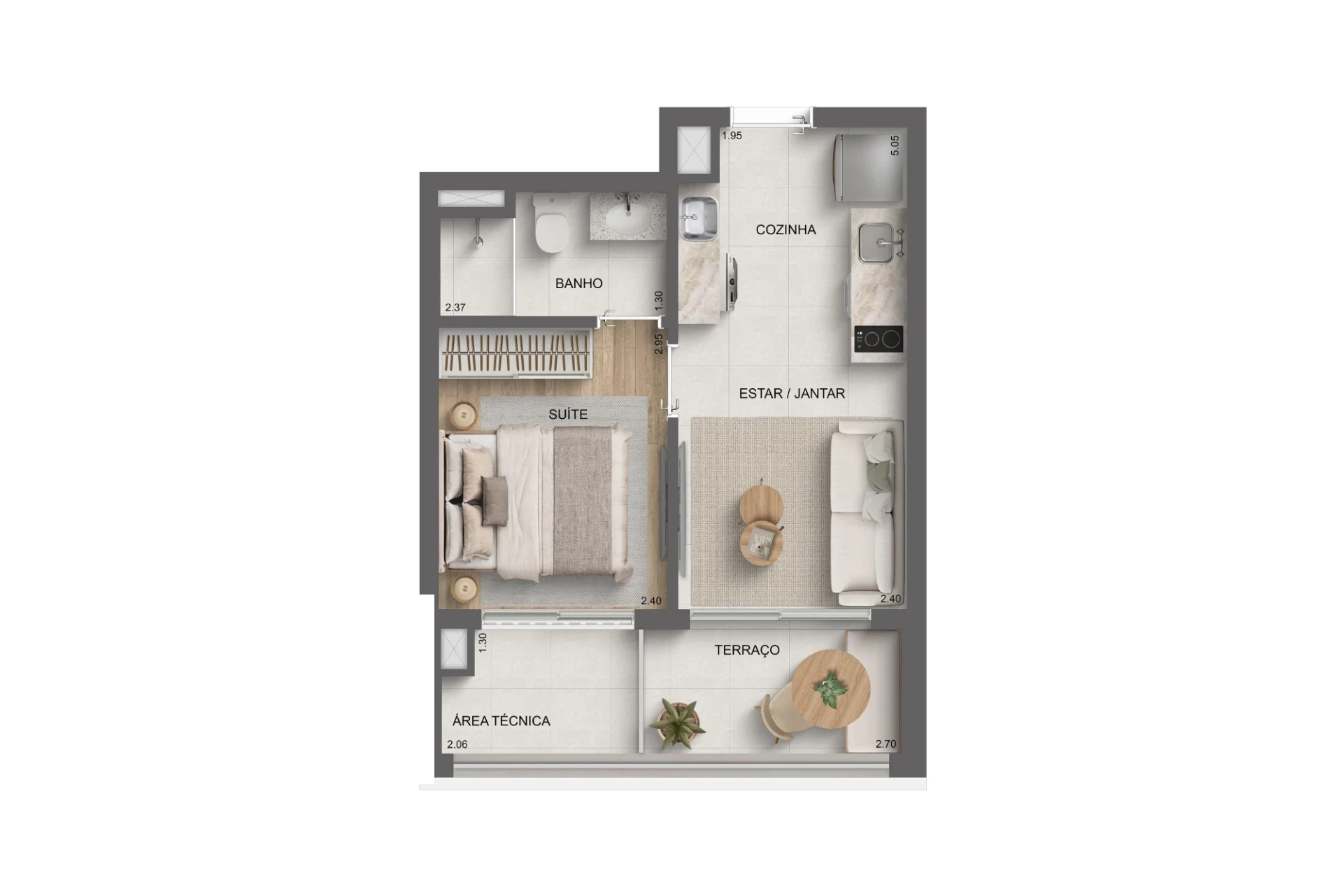Platinum Tatuapé By Diálogo, planta do apartamento de 33 m² com 1 suíte e terraço, curadoria iApartamentos, Tatuapé