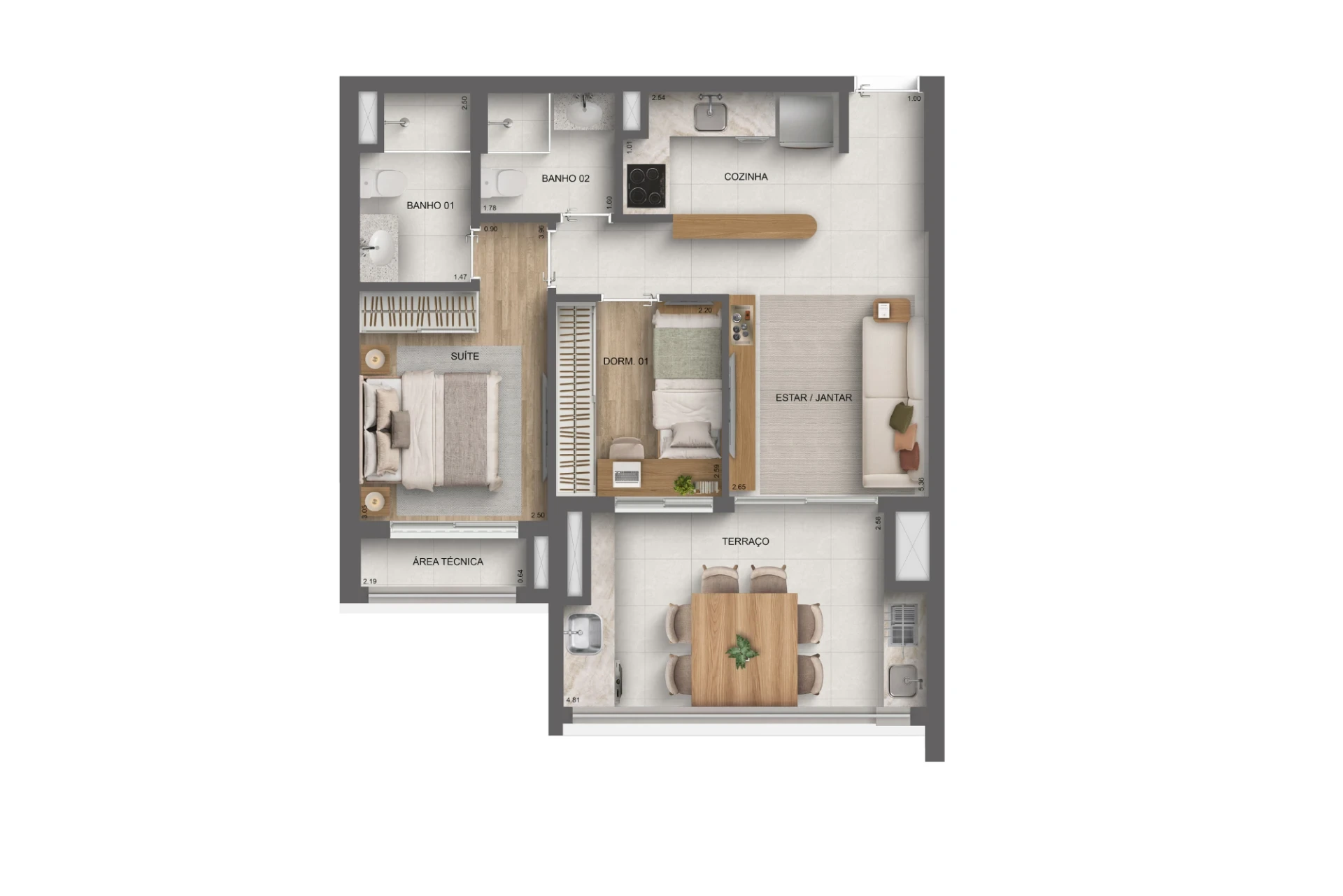 Platinum Tatuapé By Diálogo, planta do apartamento de 61 m² com 2 dormitórios, sendo 1 suíte, e terraço, curadoria iApartamentos, Tatuapé