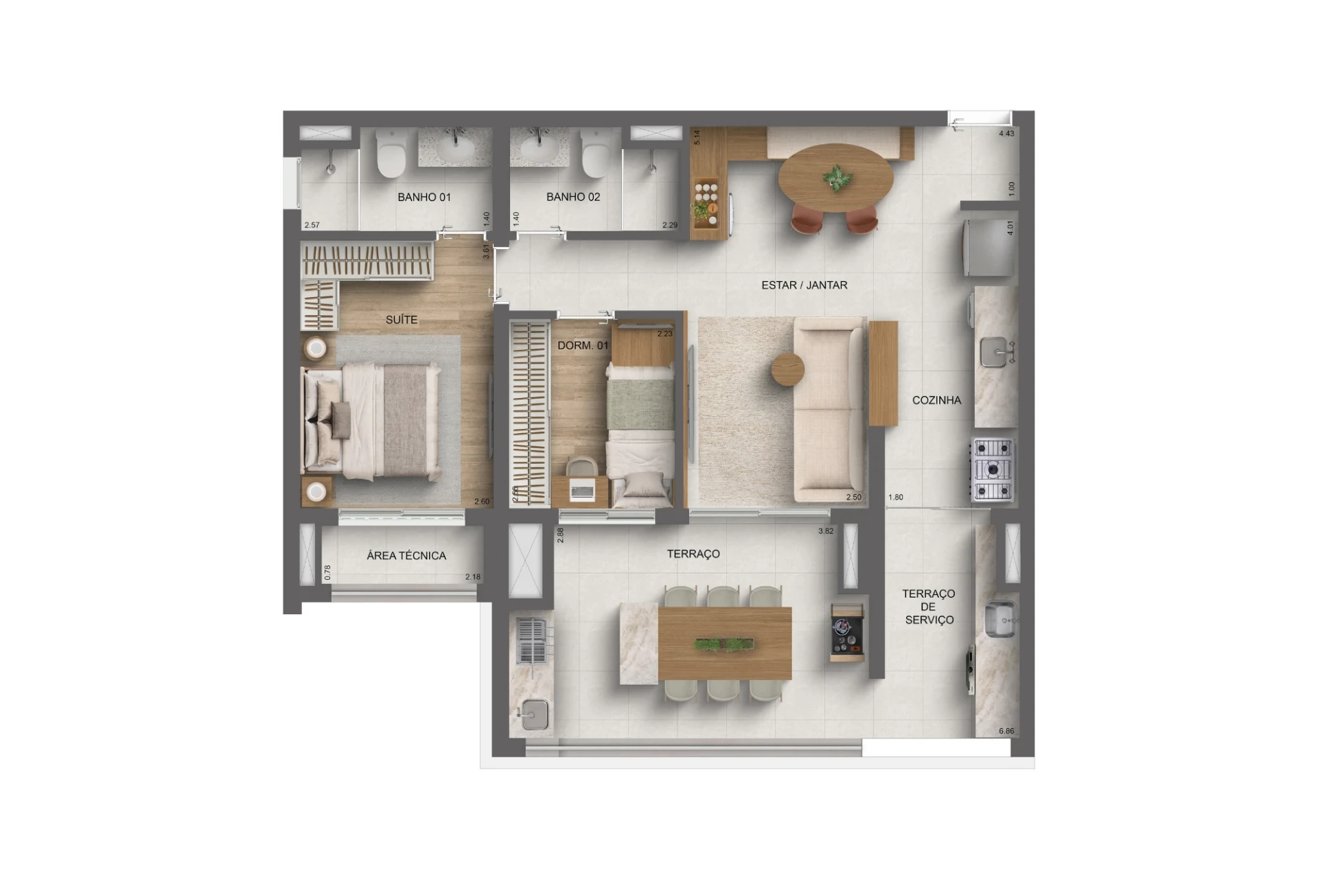 Platinum Tatuapé By Diálogo, planta do apartamento de 79 m² com 2 dormitórios, sendo 1 suíte, e terraço ampliado, curadoria iApartamentos, Tatuapé