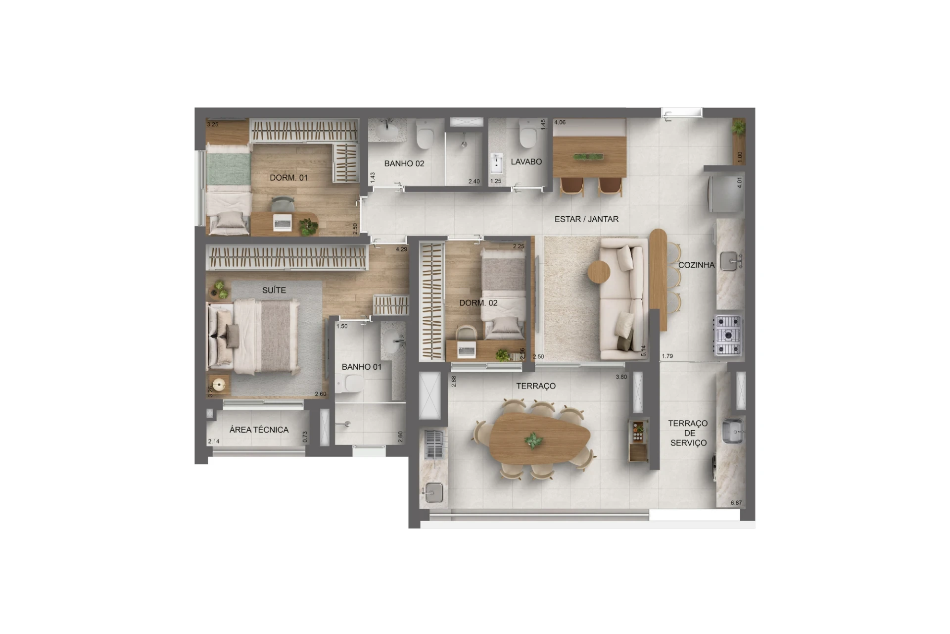 Platinum Tatuapé By Diálogo, planta do apartamento de 93 m² com 3 dormitórios, sendo 1 suíte, e terraço, curadoria iApartamentos, Tatuapé