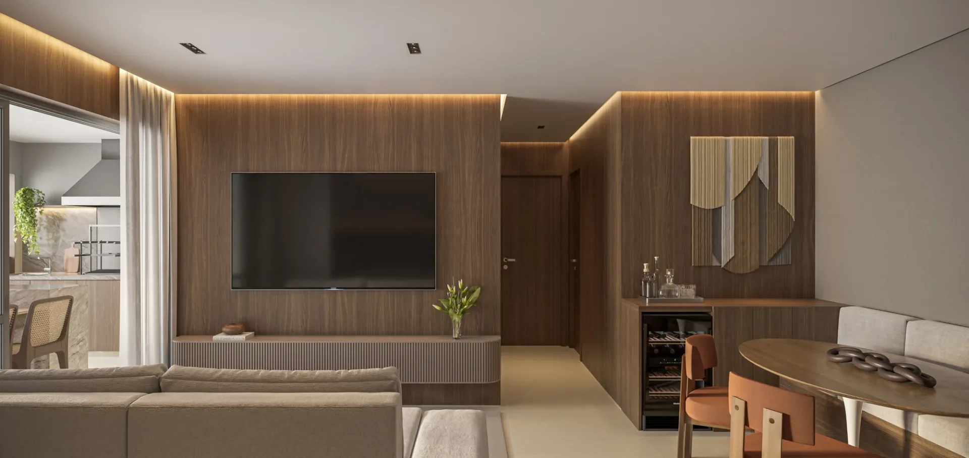 Platinum Tatuapé By Diálogo, living do apartamento de 2 dormitórios de 79 m² com painel de madeira e adega, curadoria iApartamentos, Tatuapé