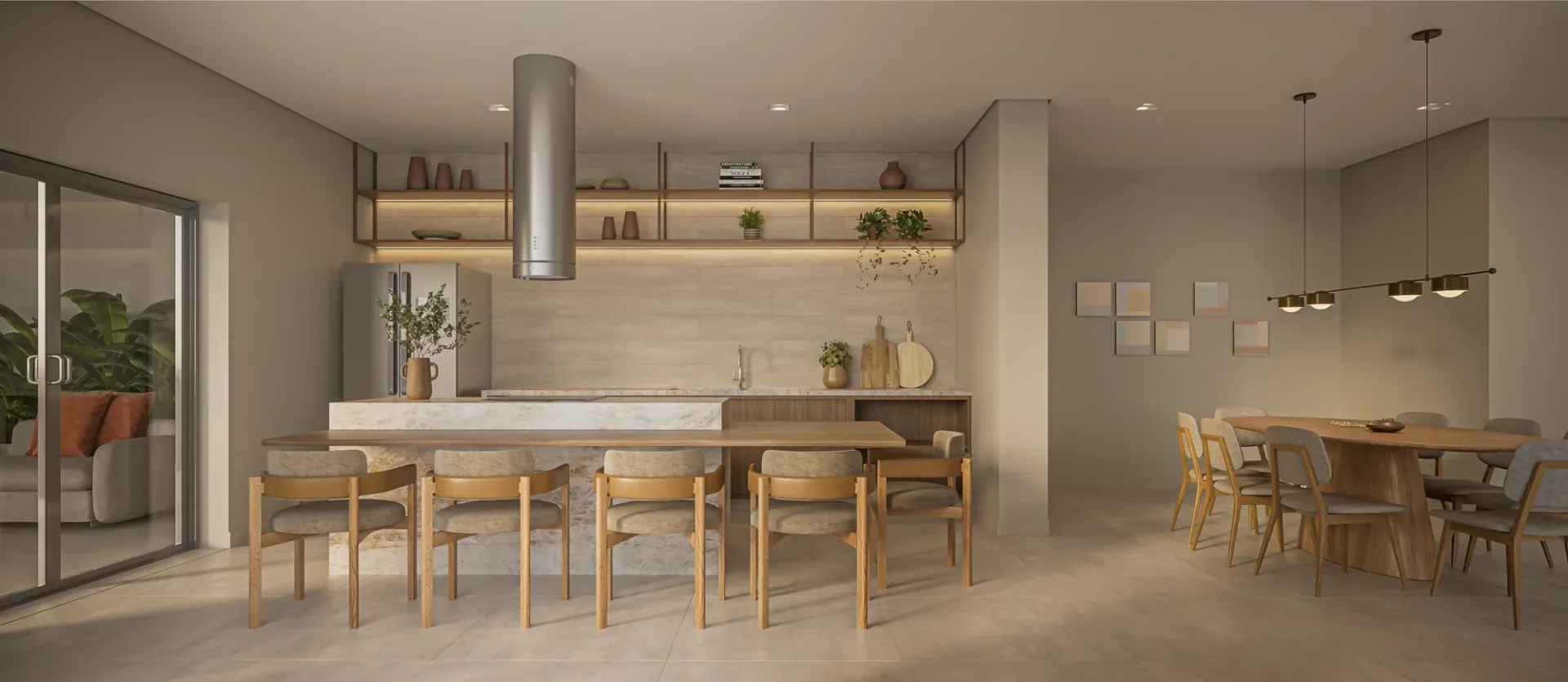 Platinum Tatuapé By Diálogo, espaço gourmet com bancada, cozinha de apoio e mesa de jantar, curadoria iApartamentos, Tatuapé
