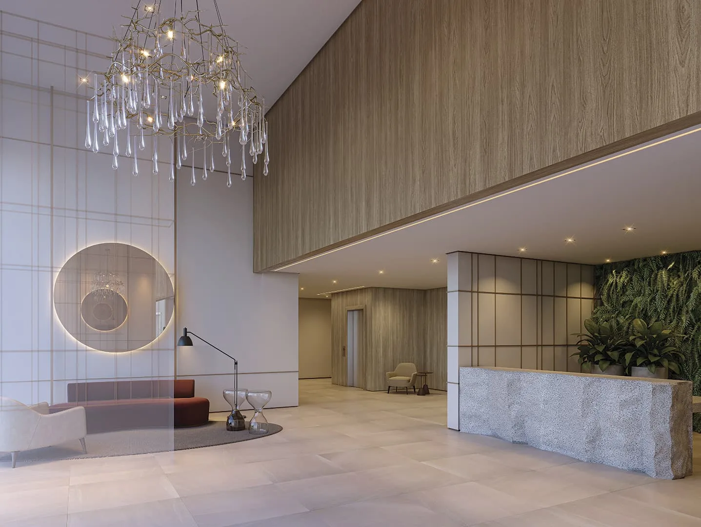 Signature by Ott, hall com pé-direito alto e lustre, curadoria iApartamentos, Aclimação