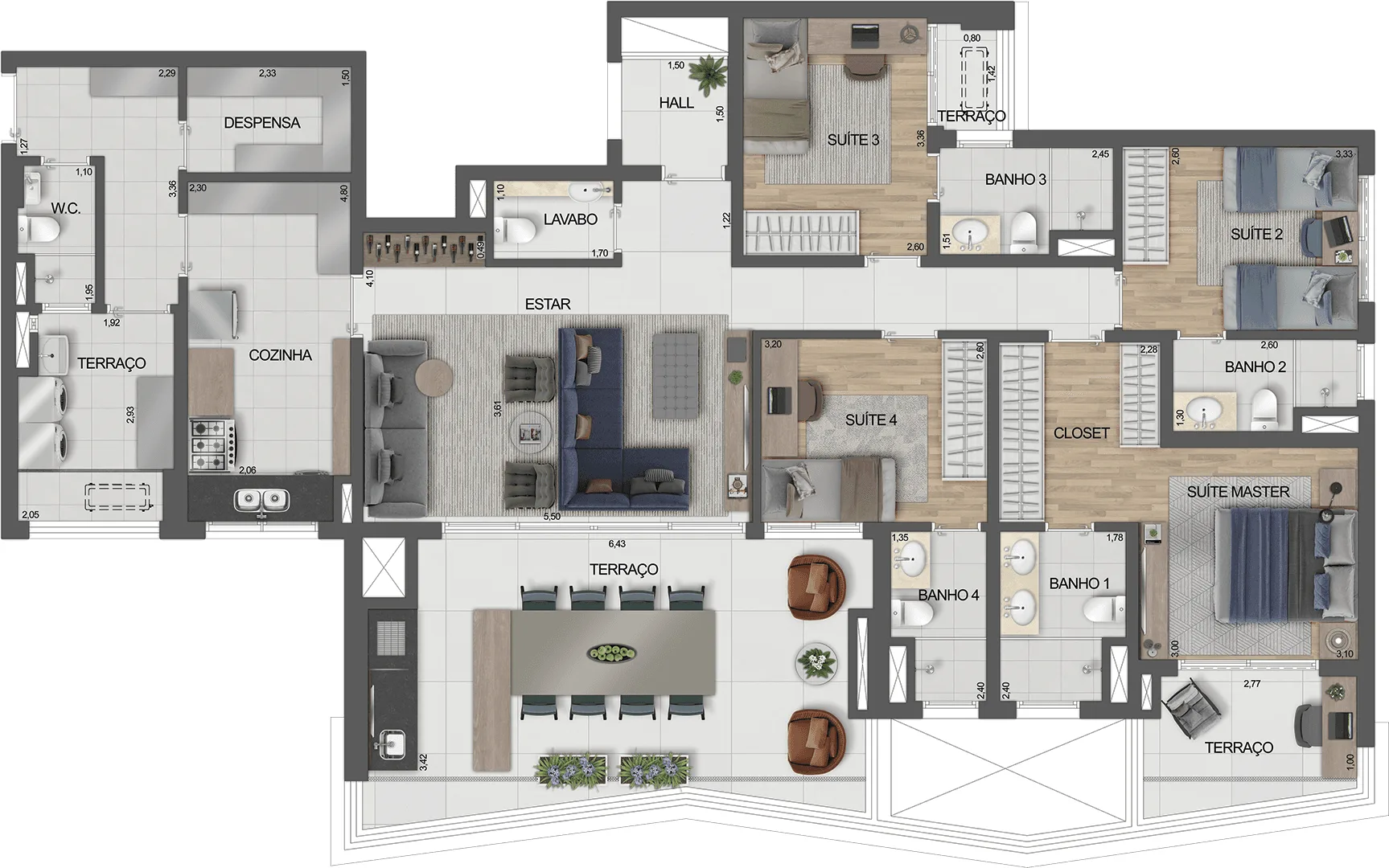 Signature by Ott, planta do apartamento de 175 m² com 4 suítes, curadoria iApartamentos, Aclimação