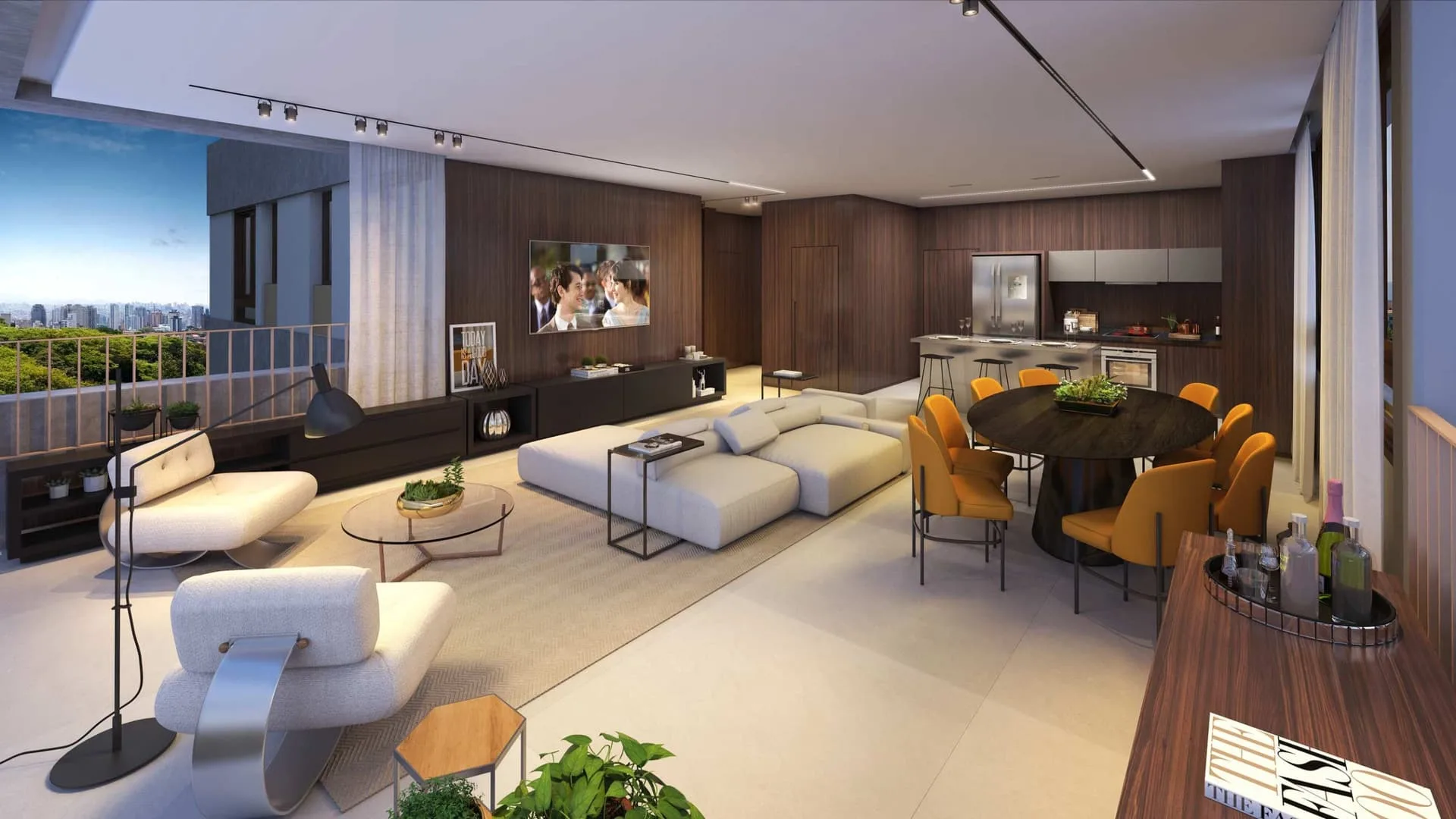 Simmetria Campo Belo, living e jantar do apartamento decorado, curadoria iApartamentos, Campo Belo