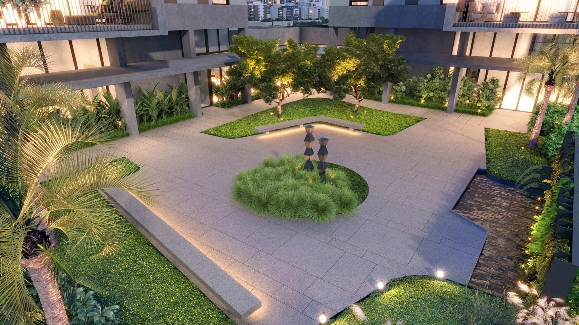 Simmetria Campo Belo, praça interna, curadoria iApartamentos, Campo Belo