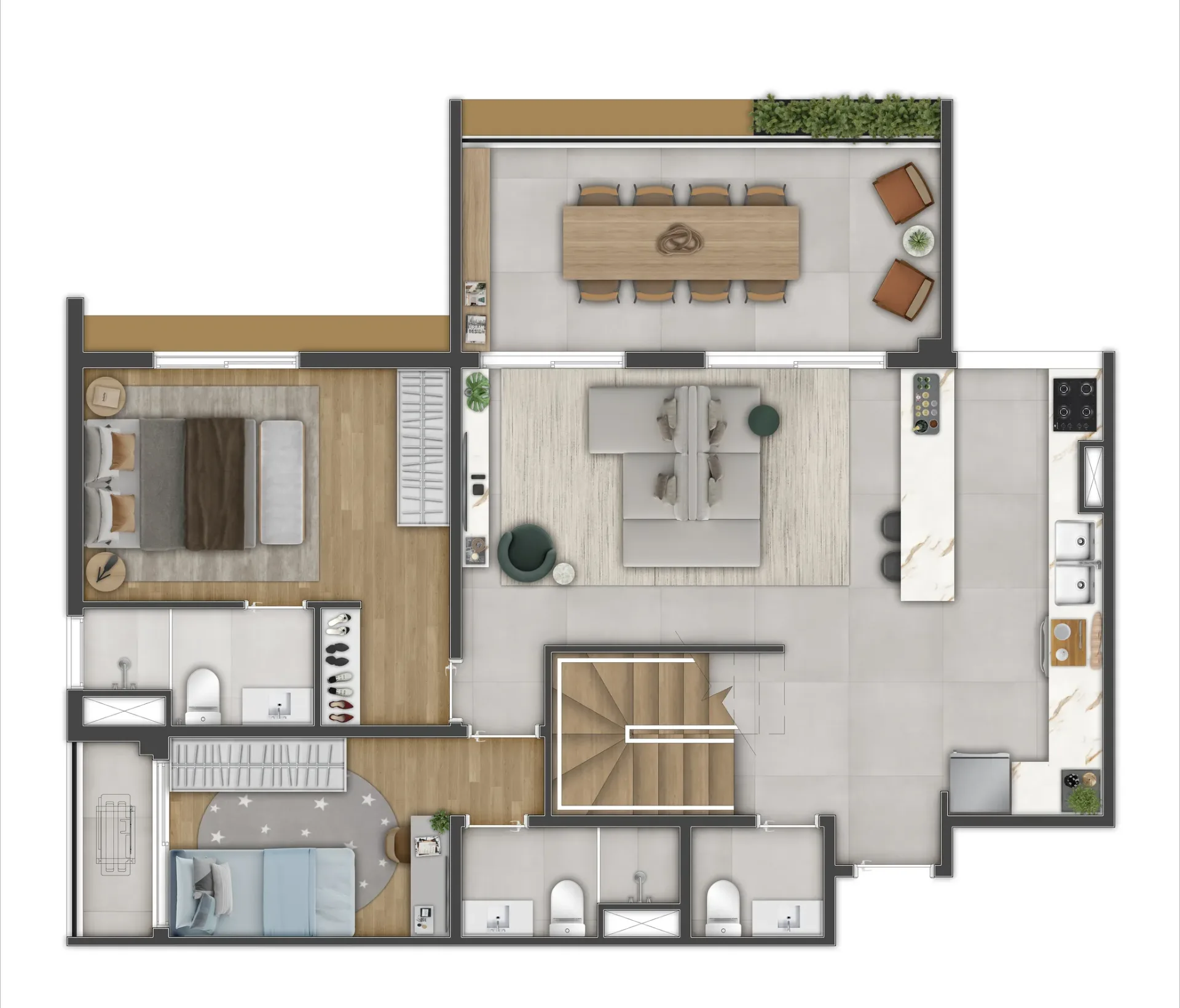 Soneto Casemiro, planta do duplex de 173 m², pavimento inferior, curadoria iApartamentos, Vila Mariana