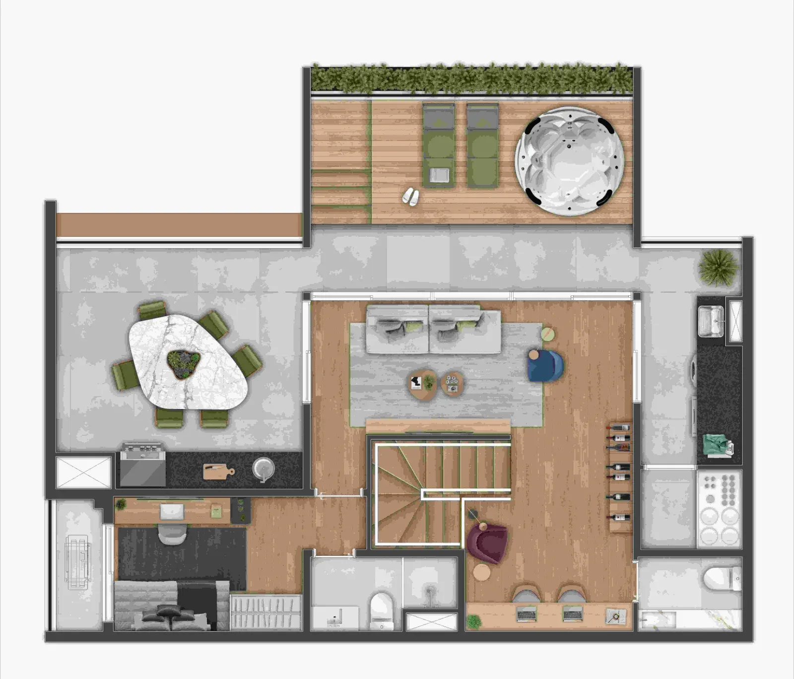 Soneto Casemiro, planta do duplex de 173 m², pavimento superior, curadoria iApartamentos, Vila Mariana