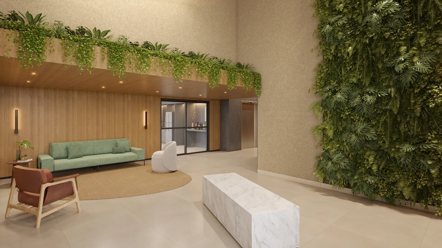 Soneto Casemiro, lobby com pé-direito duplo, curadoria iApartamentos, Vila Mariana