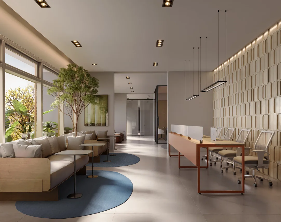 Terrare Moema, coworking com bancada compartilhada e lounge, curadoria iApartamentos, Moema