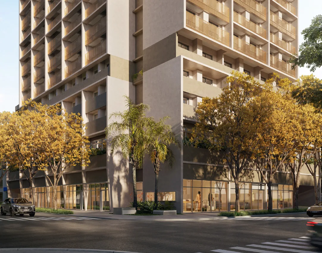 Terrare Moema, perspectiva do embasamento na esquina da Alameda dos Nhambiquaras com a Avenida Açocê, curadoria iApartamentos, Moema