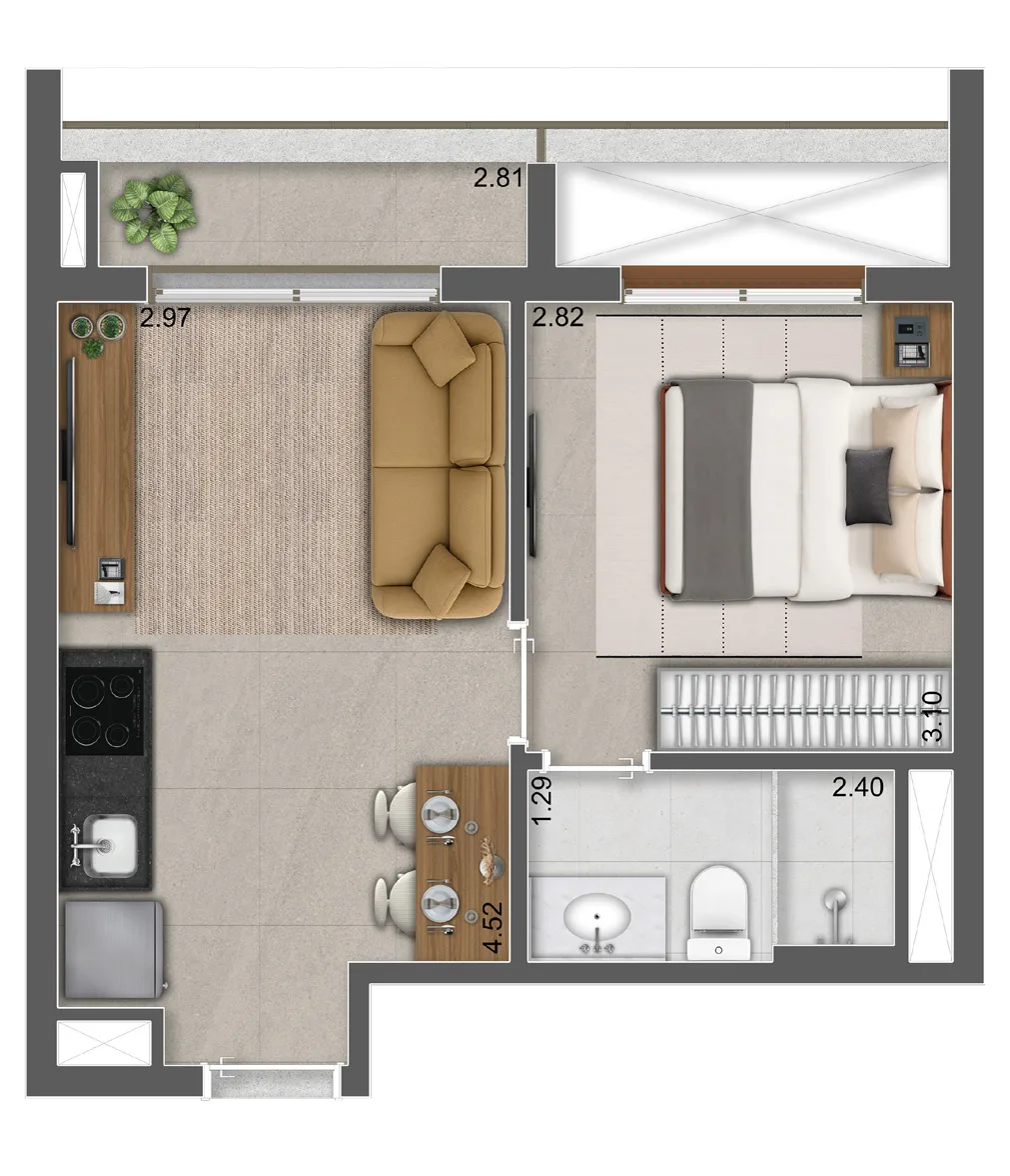 Terrare Moema, planta do apartamento de 1 dormitório de 33 m² com varanda, curadoria iApartamentos, Moema
