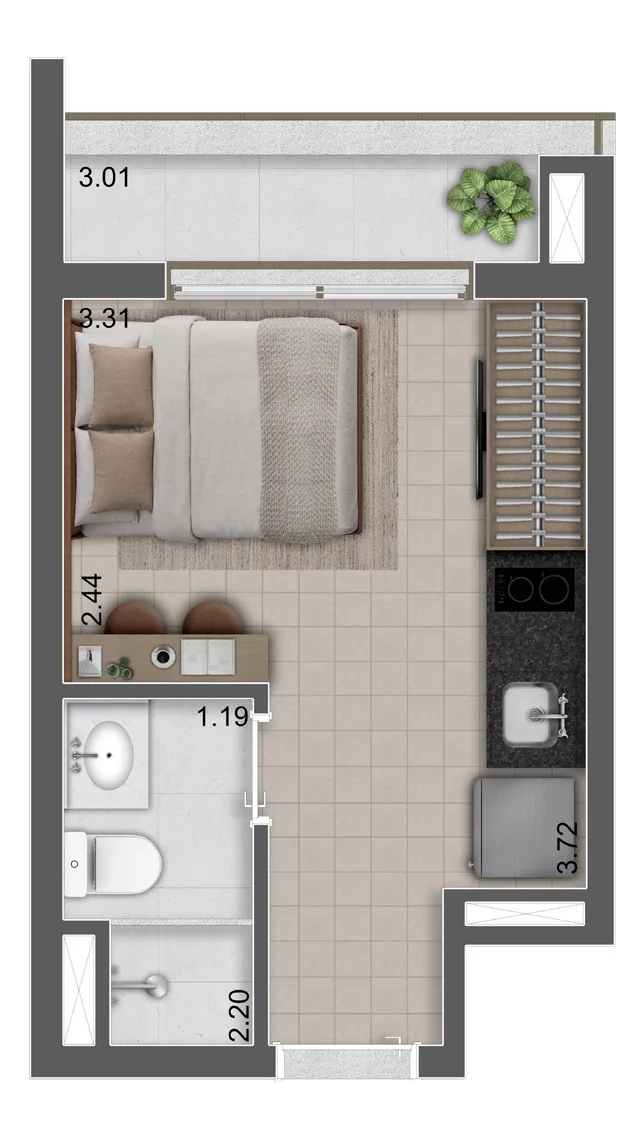 Terrare Moema, planta do studio de 21 m² com varanda, curadoria iApartamentos, Moema