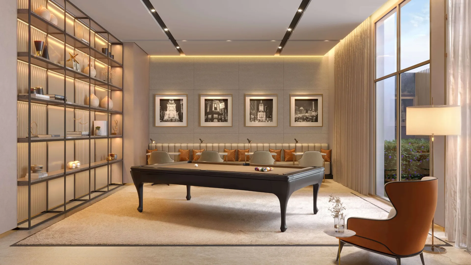 The Residence Brooklin By Living, ambiente com mesa de bilhar e estante, curadoria iApartamentos, Brooklin
