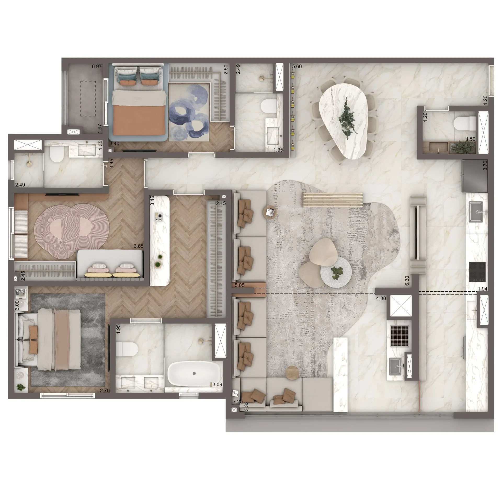 The Residence Brooklin By Living, planta de 127 m² com 3 suítes, curadoria iApartamentos, Brooklin