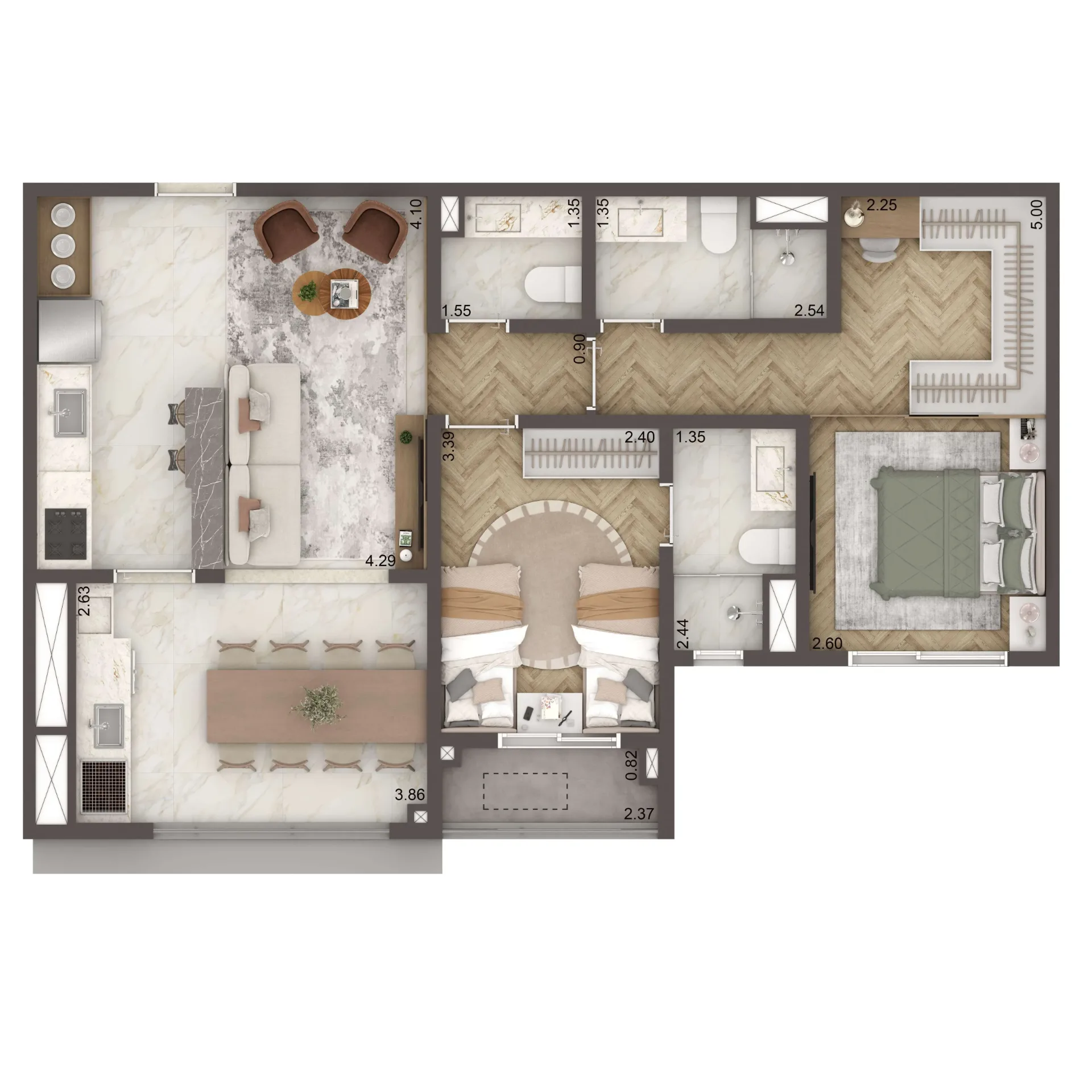 The Residence Brooklin By Living, planta de 71 m² com 2 suítes, curadoria iApartamentos, Brooklin