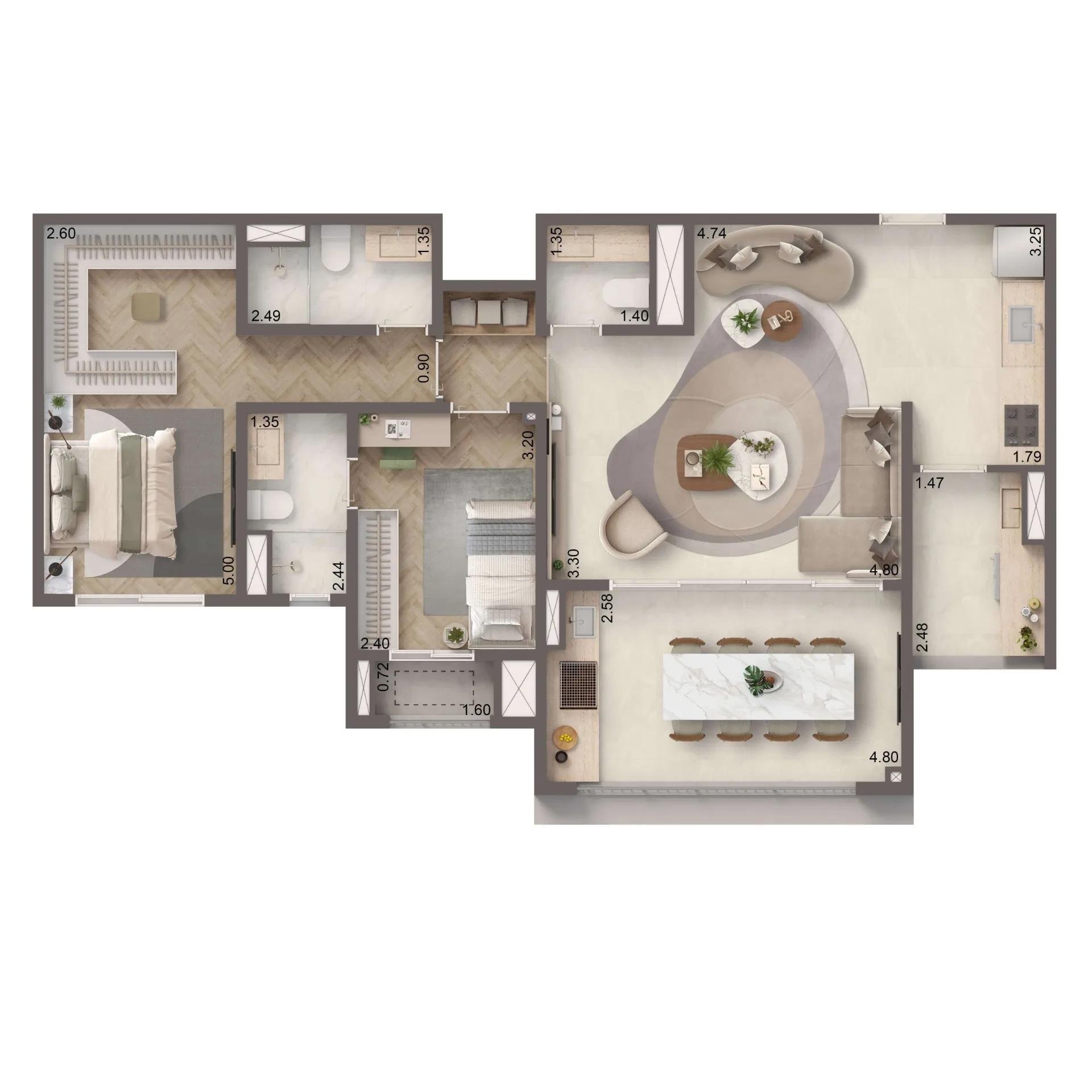 The Residence Brooklin By Living, planta de 88 m² com 2 suítes, curadoria iApartamentos, Brooklin