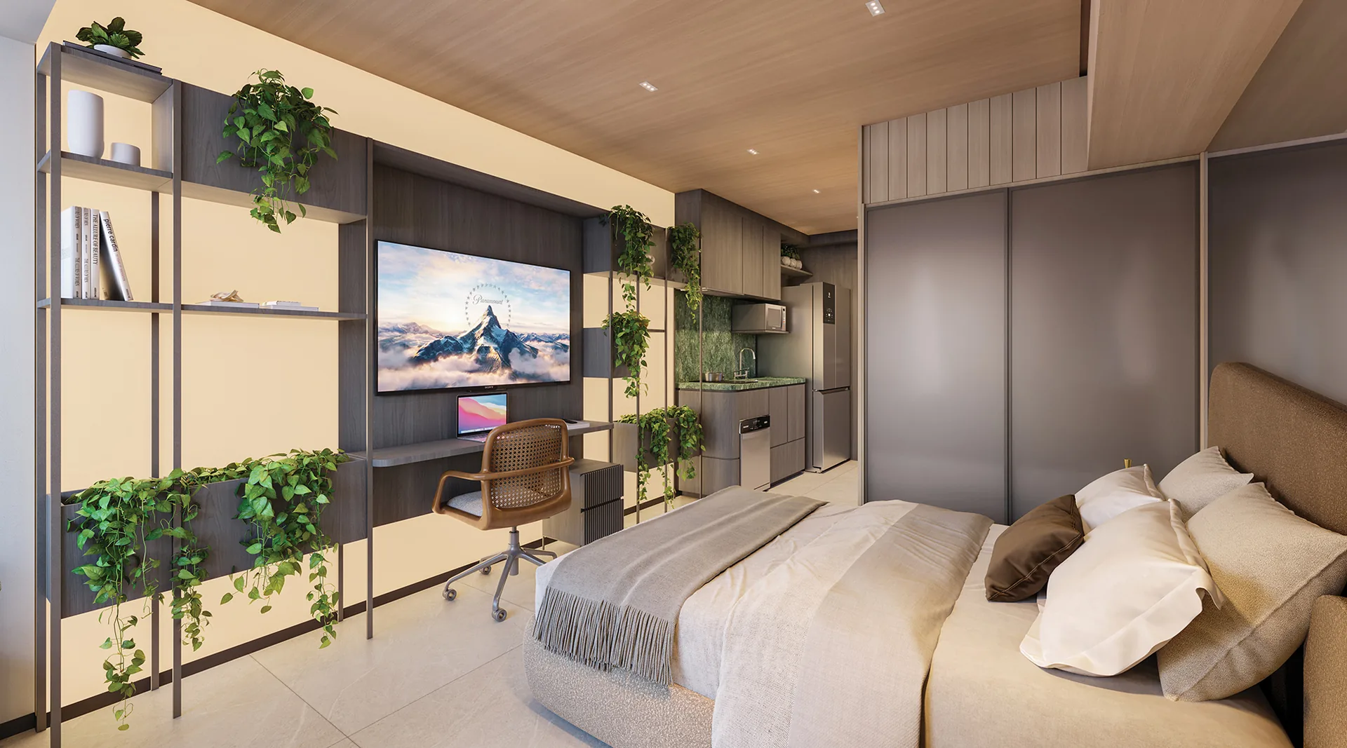 Town Residences by Lindenberg, studio de 28 m² com cama, estar e cozinha integrados, curadoria iApartamentos, Brooklin