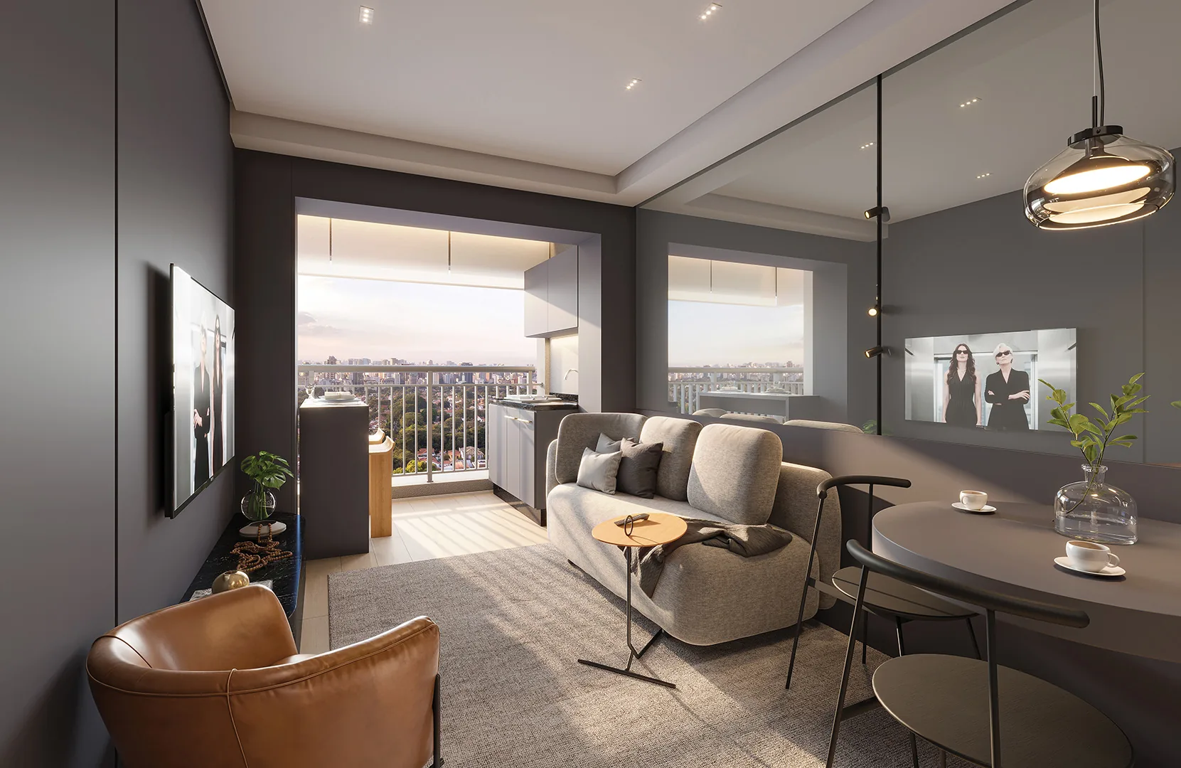 Town Residences by Lindenberg, living do apartamento de 1 dormitório com 38 m², curadoria iApartamentos, Brooklin