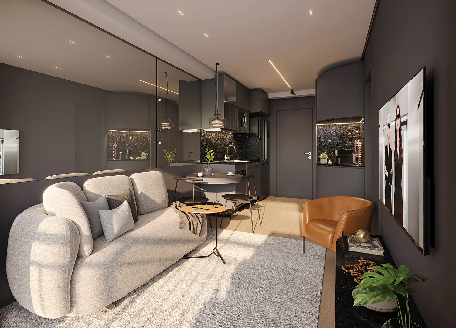 Town Residences by Lindenberg, estar e cozinha do apartamento de 38 m², curadoria iApartamentos, Brooklin