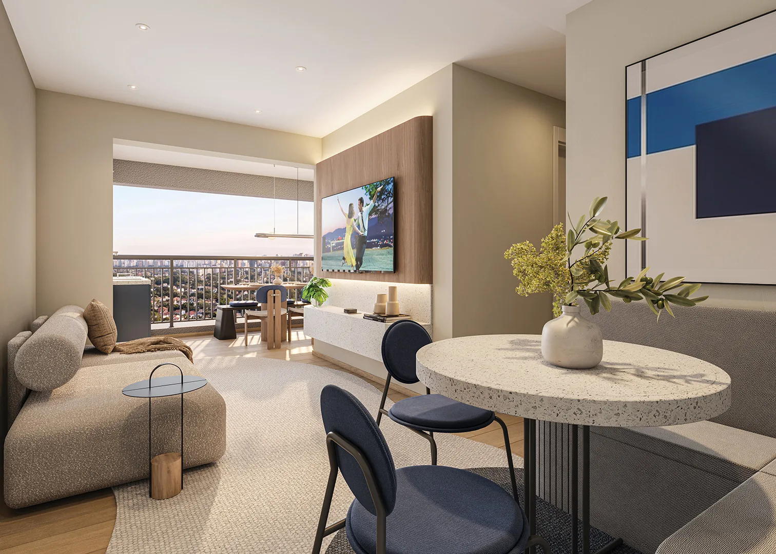 Town Residences by Lindenberg, living do apartamento de 2 dormitórios com 69 m², curadoria iApartamentos, Brooklin
