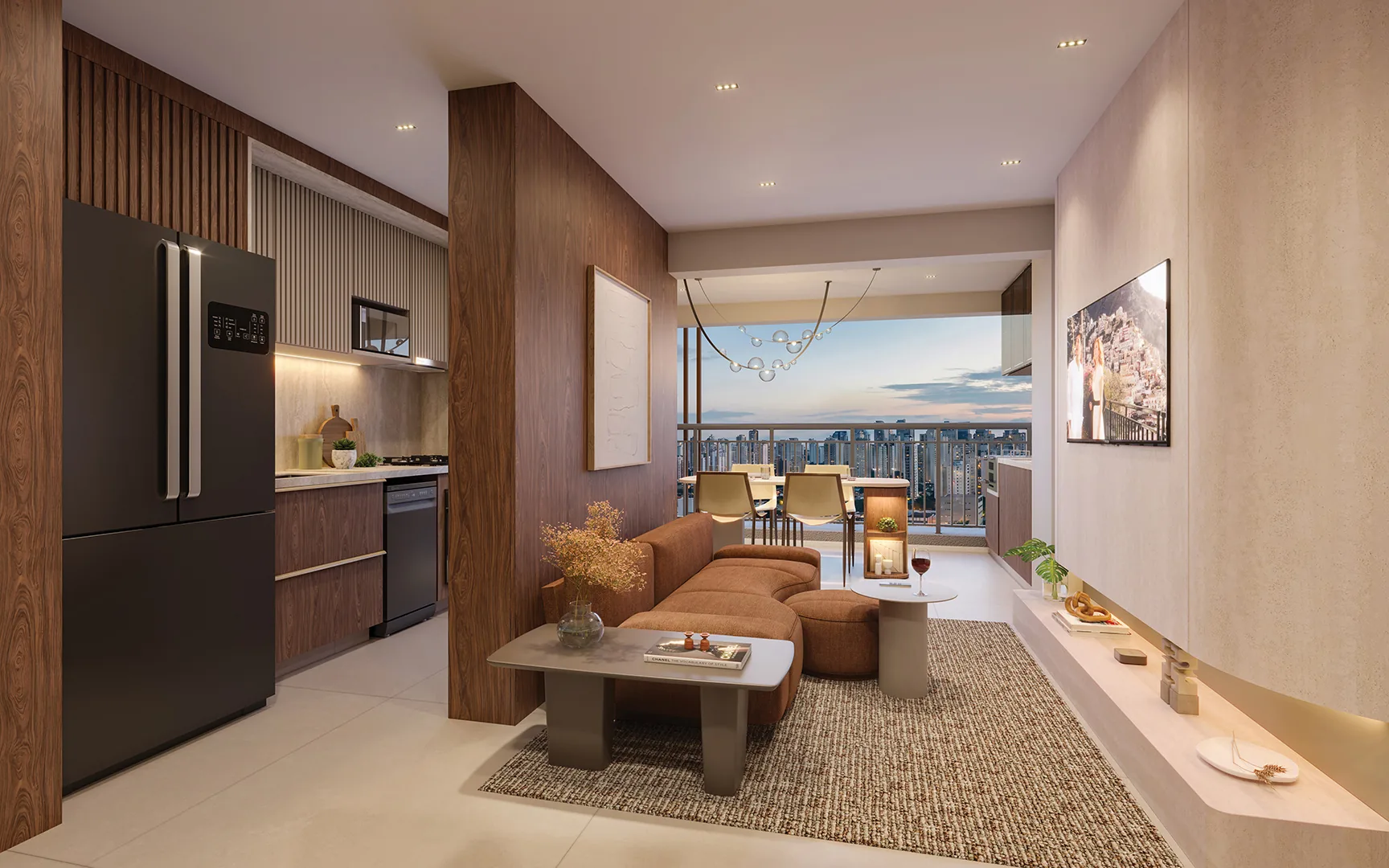 Town Residences by Lindenberg, living do apartamento de 2 suítes com 75 m², curadoria iApartamentos, Brooklin