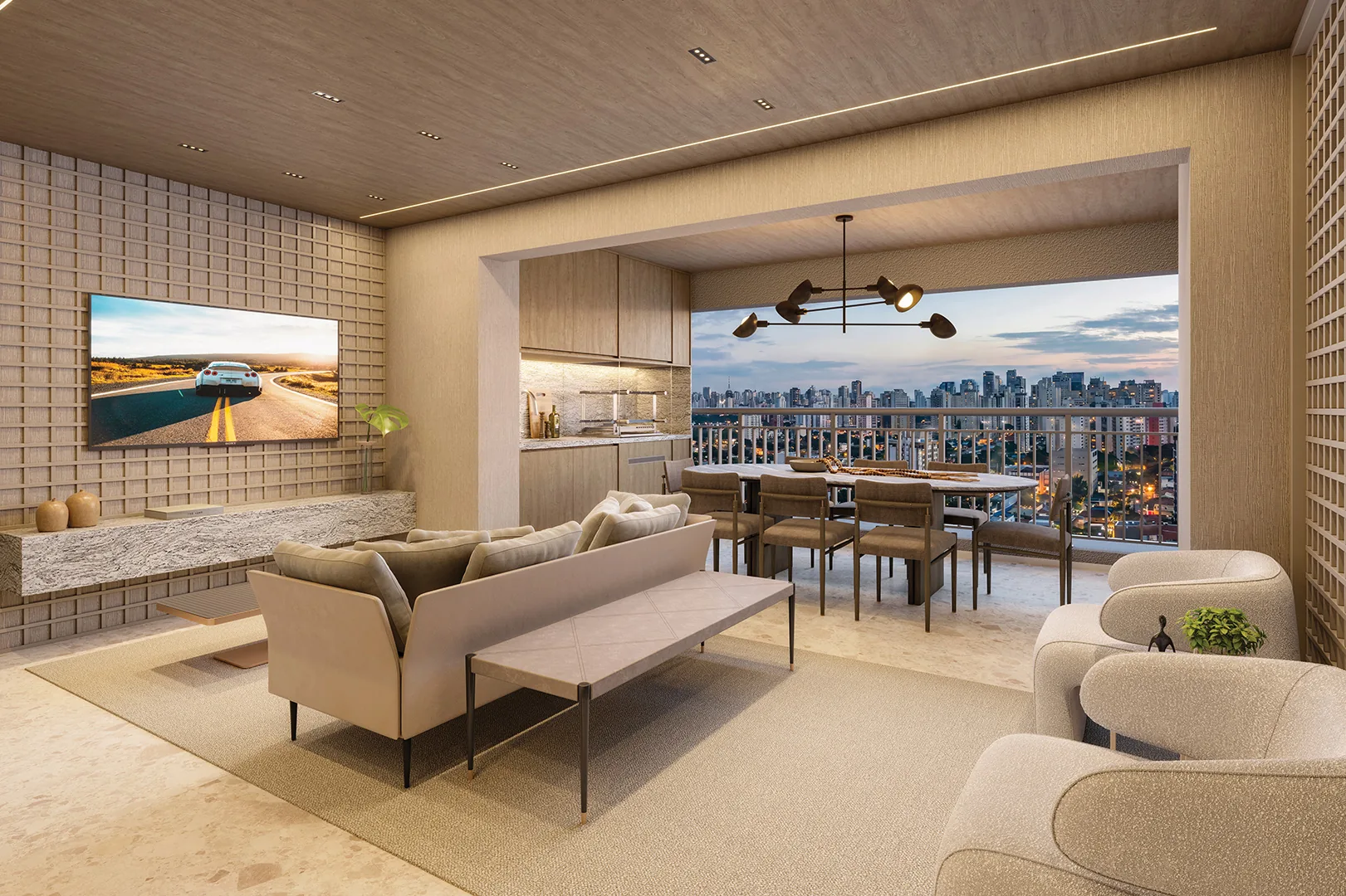 Town Residences by Lindenberg, living do apartamento de 100 m² com vista para a cidade, curadoria iApartamentos, Brooklin