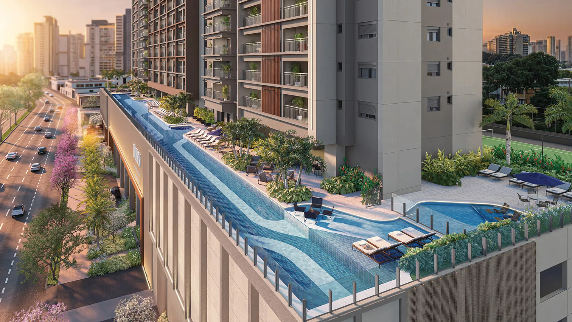 Town Residences by Lindenberg, vista aérea da torre com a piscina de 100 metros no 3º pavimento, curadoria iApartamentos, Brooklin