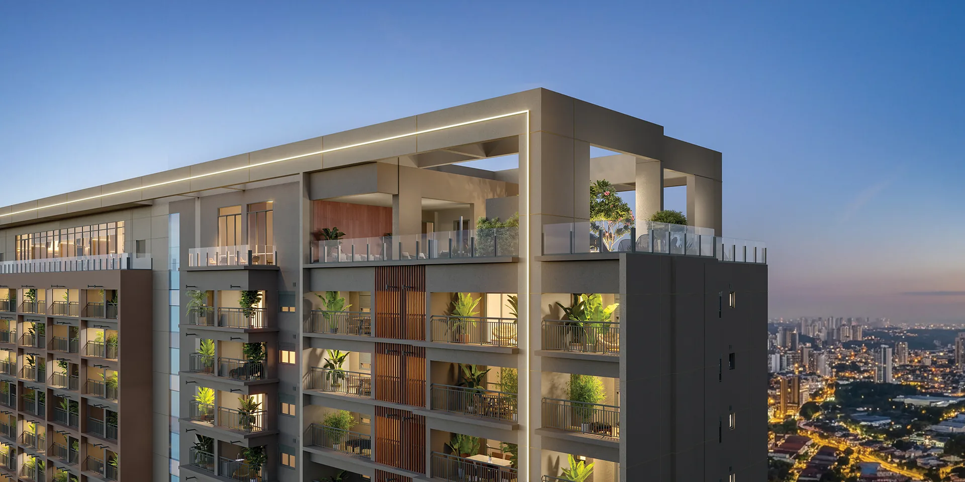Town Residences by Lindenberg, detalhe da fachada com terraços e vegetação nos pavimentos altos, curadoria iApartamentos, Brooklin