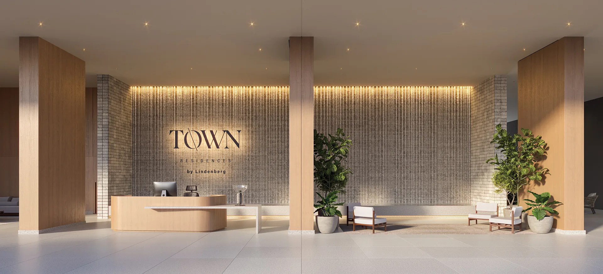 Town Residences by Lindenberg, lobby do térreo com pé-direito amplo e mobiliário Triptyque, curadoria iApartamentos, Brooklin